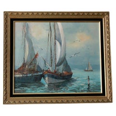 Retro Original Mid Century Seascape Oil Painting! Ocean Ships Sailing Fishing Art 50s