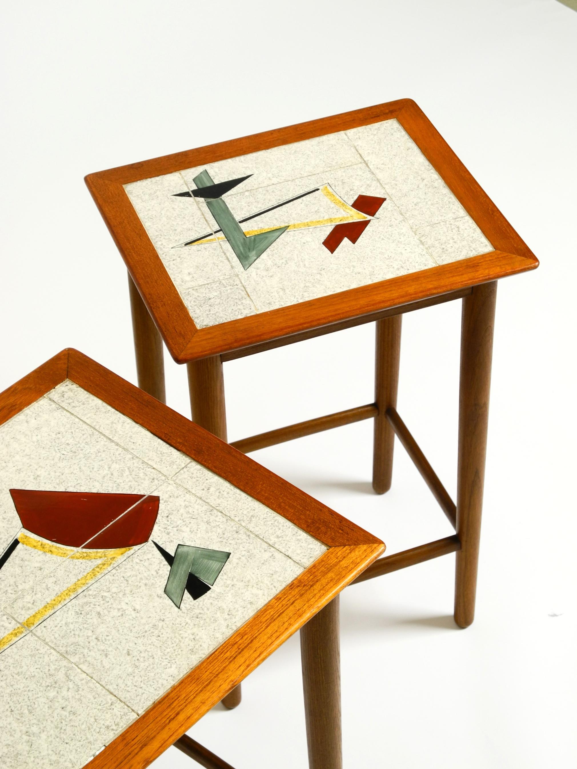 Original Mid Century set of 3 teak nesting tables with colorful Formica surfaces 10
