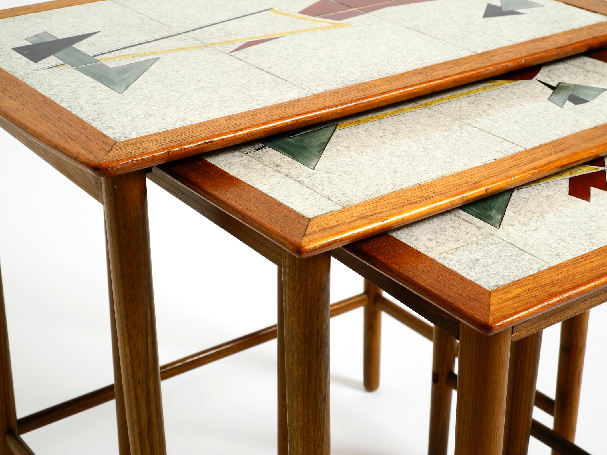 Original Mid Century set of 3 teak nesting tables with colorful Formica surfaces 14