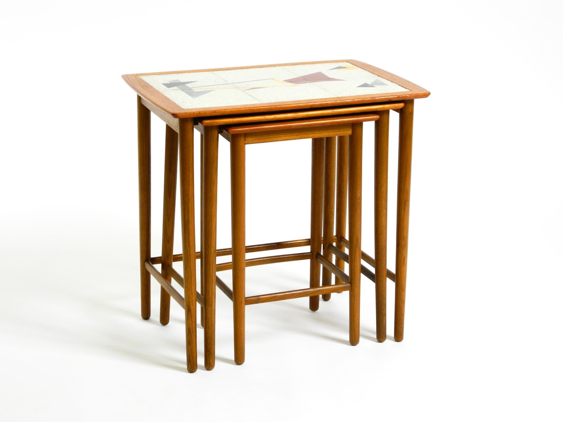 Original Mid Century set of 3 teak nesting tables with colorful Formica surfaces 3