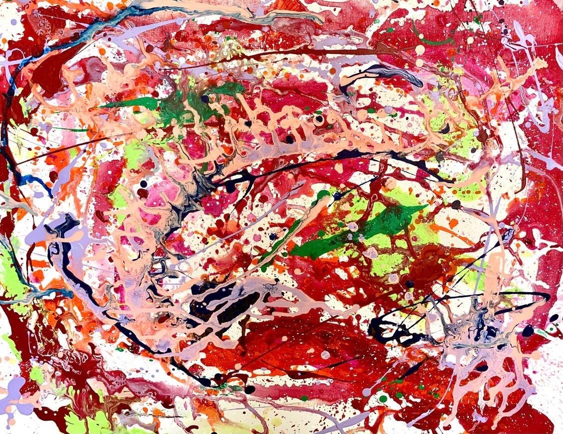 Colorful original abstract expressionist painting in acrylic paint on canvas that features heavy textured strokes and drips. Signed at bottom right, artist's name is illegible.