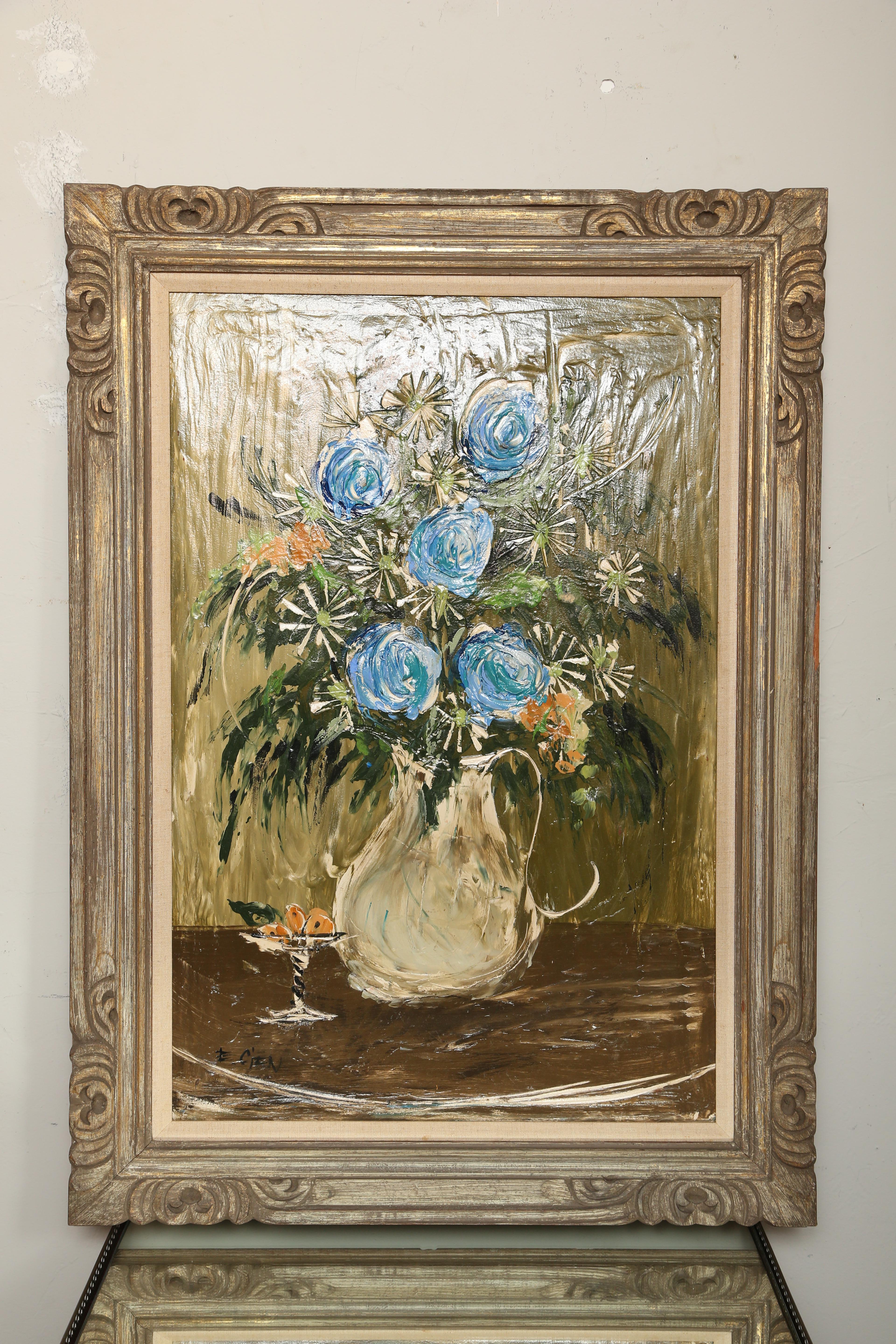 Heavy palette floral still life done in primarily blues and greens. Painted by midcentury artist Etta Cien.