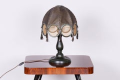 Original Mid-Century Table Lamp, Stained Beech, Leather, Czech, 1970s