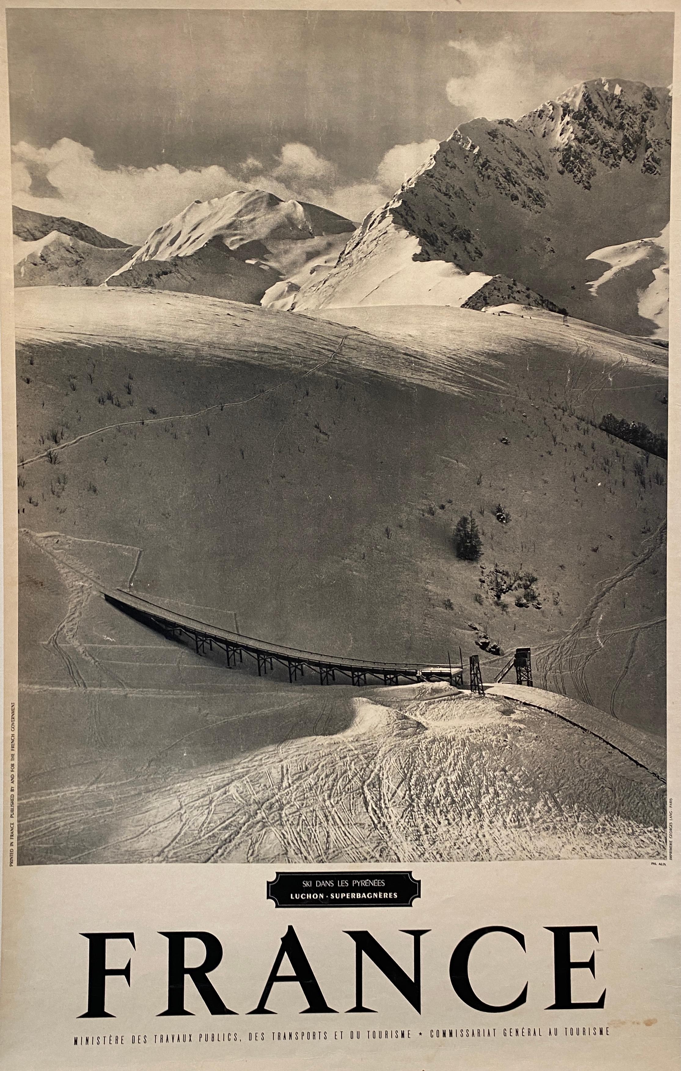 Original Reiseplakat aus der Mitte des Jahrhunderts, 'FRANCE Ski dans les Pyrenees'.