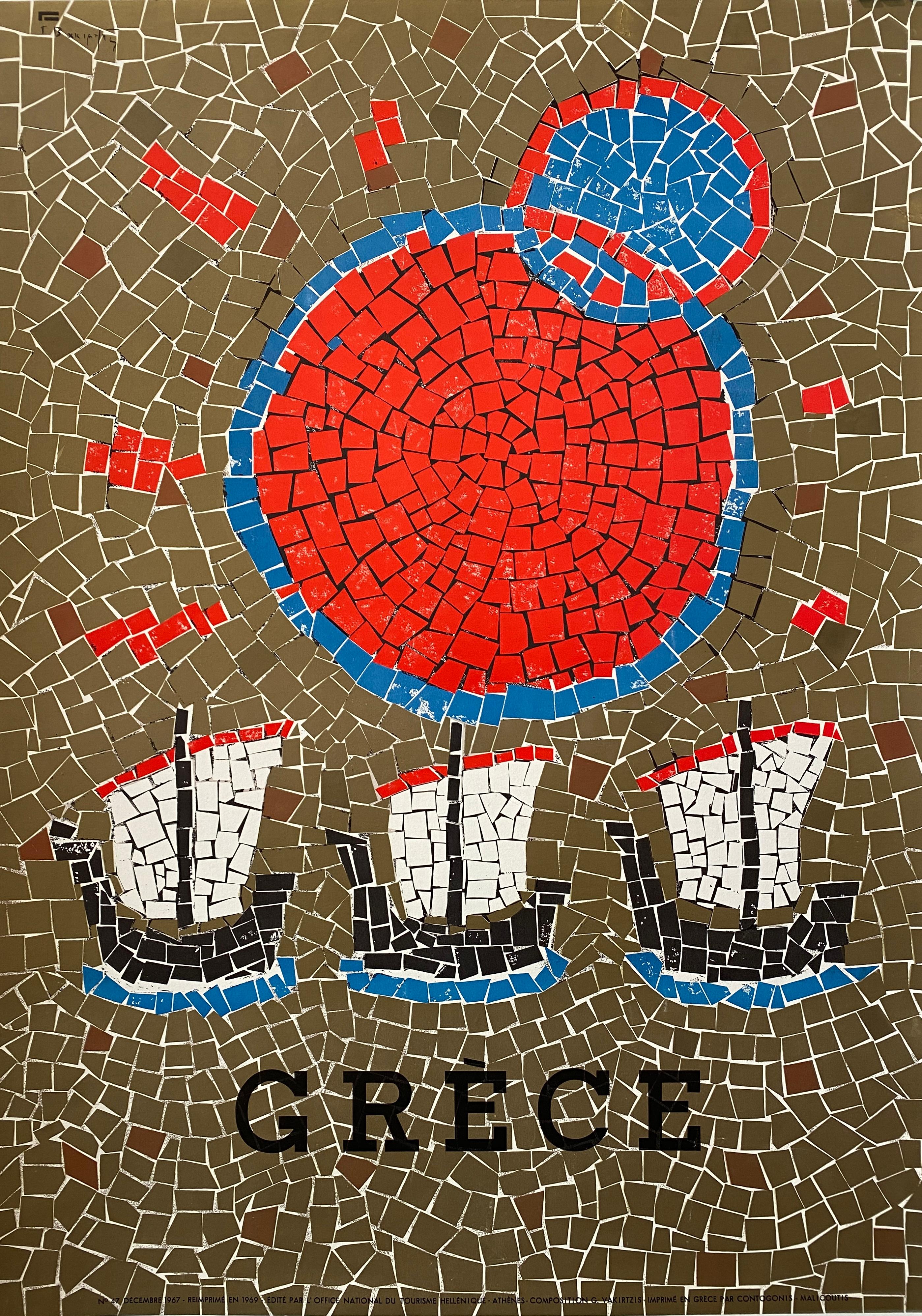 Original Mid-Century Travel Poster, 'GRÈCE' 1967

This is an original vintage travel poster by the artist, George Vakirtzis. It is designed in the style of a mosaic as often seen in Greece. The overall condition is very good, it has been linen