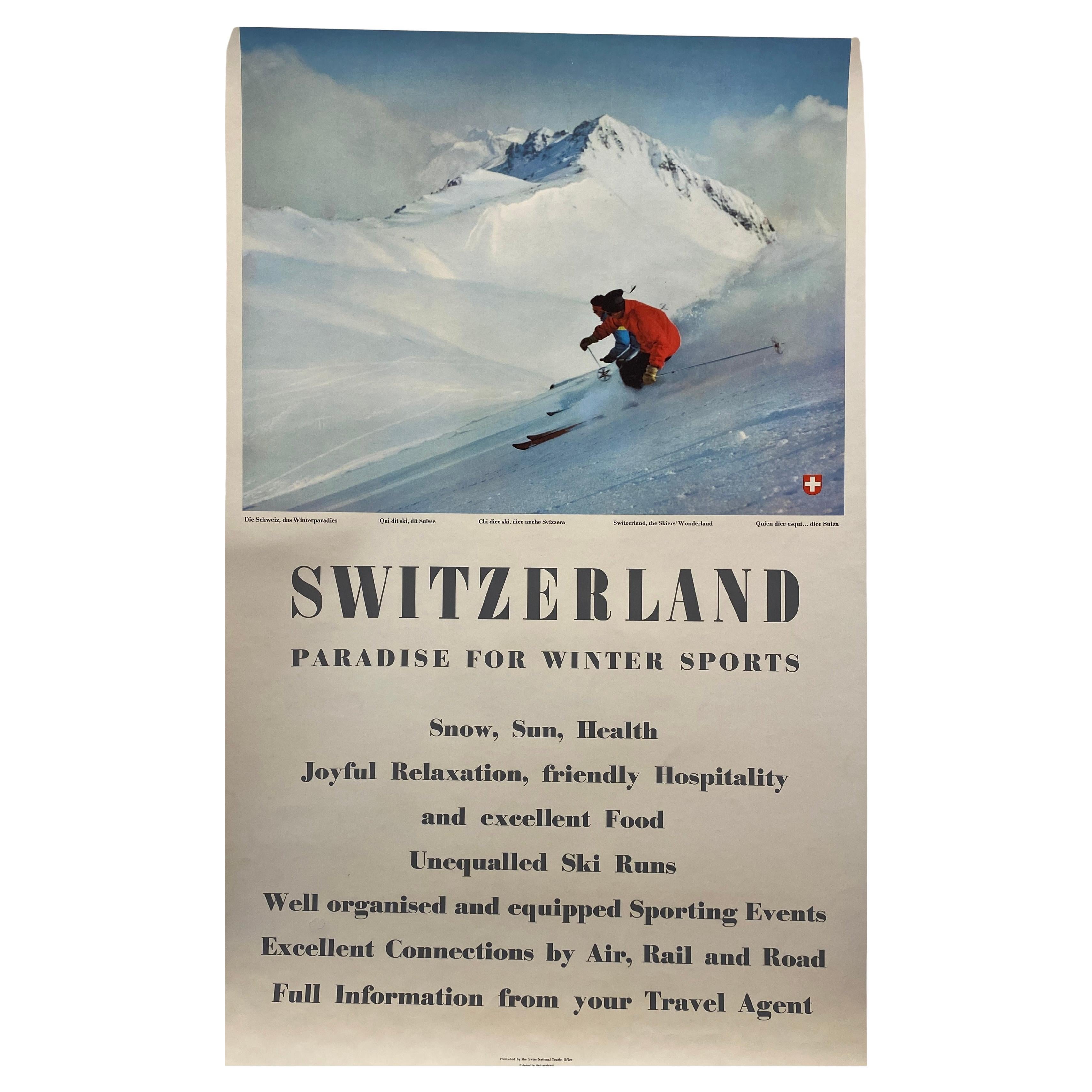Poster di viaggio originale della metà del secolo, 'SWITZERLAND' Ski Poster, c.C. 1980