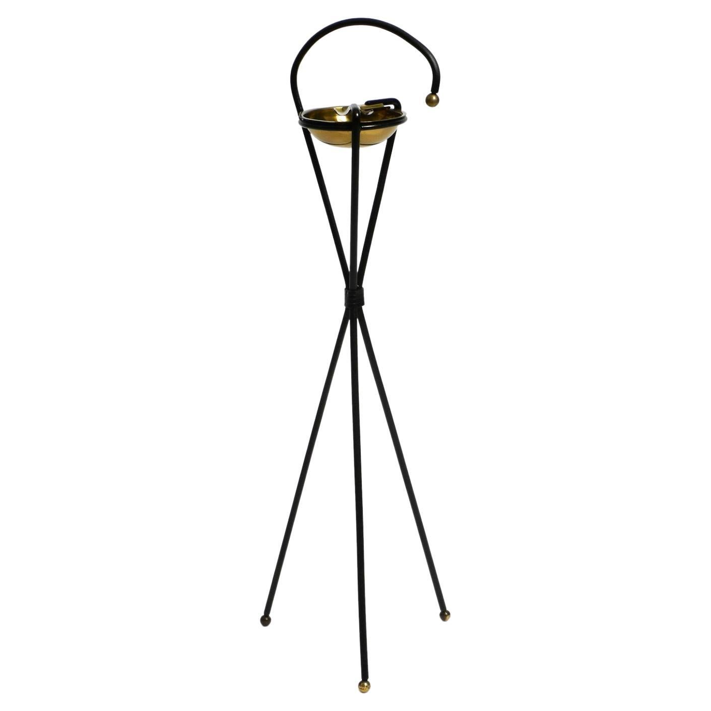 Original Mid Century Tripod iron stand ashtray with a brass bowl For Sale
