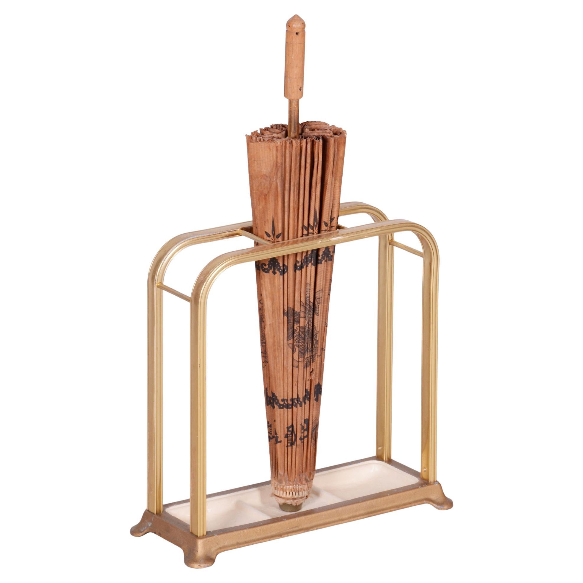 Original Mid Century Umbrella Stand, Gilt Brass, Colored Iron, France, 1950s
