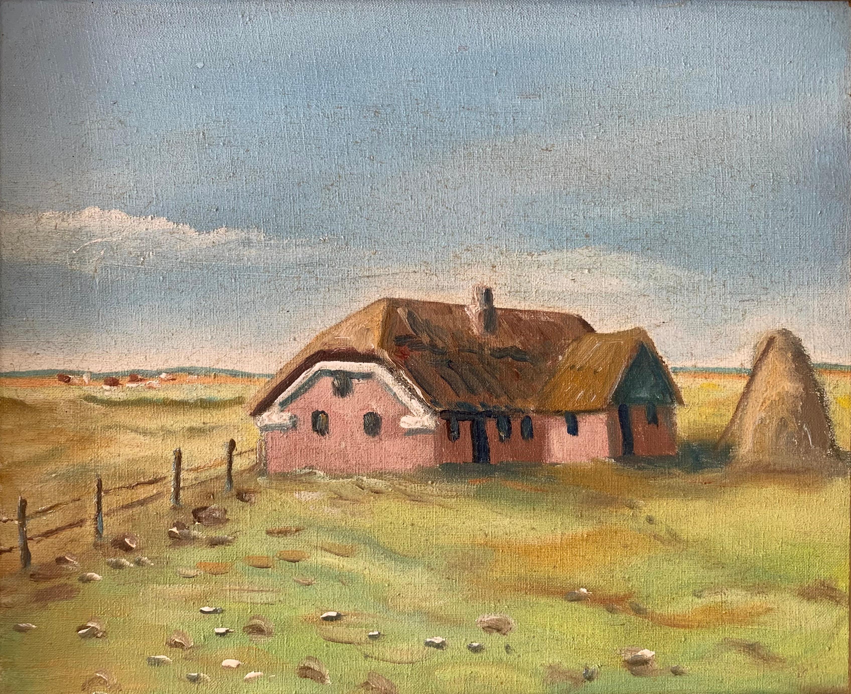 Dies ist ein Vintage Öl auf Leinwand Gemälde von einer ländlichen Umgebung mit einem traditionellen skandinavischen Landhaus. Es werden Kühe im Hintergrund und Hühner im Vordergrund vorgeschlagen. Ein Heuhaufen sowie die umliegenden grünen Felder,