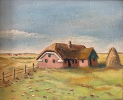 Original mid century vintage oil painting of traditional scandinavian house