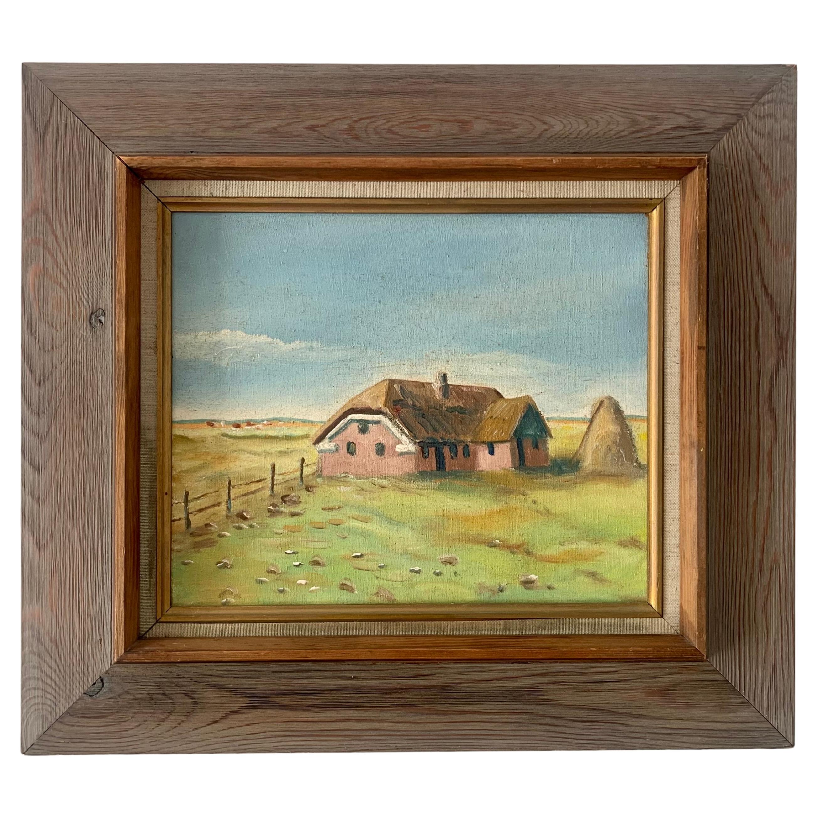 Original-Ölgemälde aus der Mitte des Jahrhunderts von traditionellen skandinavischen Haus im Angebot