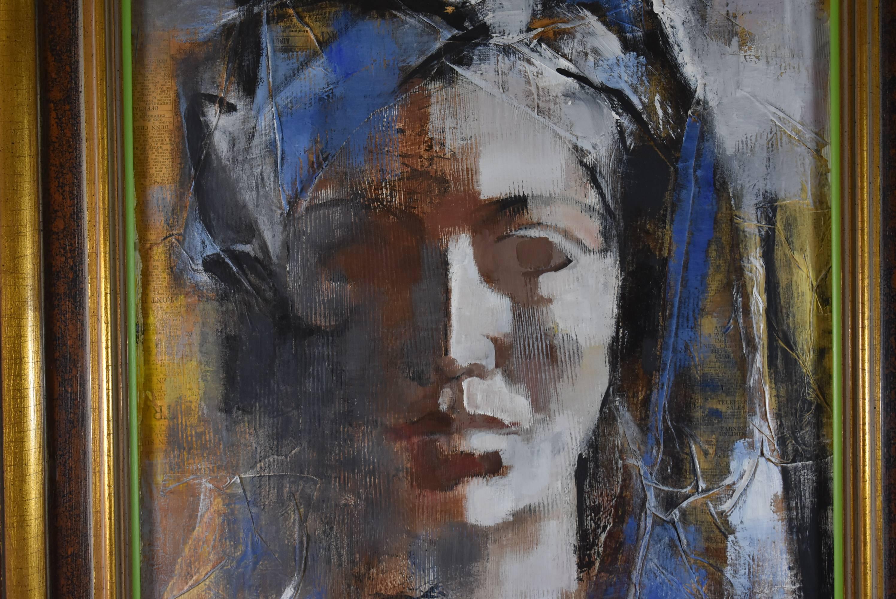 A dynamic original mid modern painting by artist Adam Grant, circa 1970s. Female portrait on paper laid on artists board with folded textured dimensional details. Primary blues, white and striking black highlights. Original frame. Image size is 17