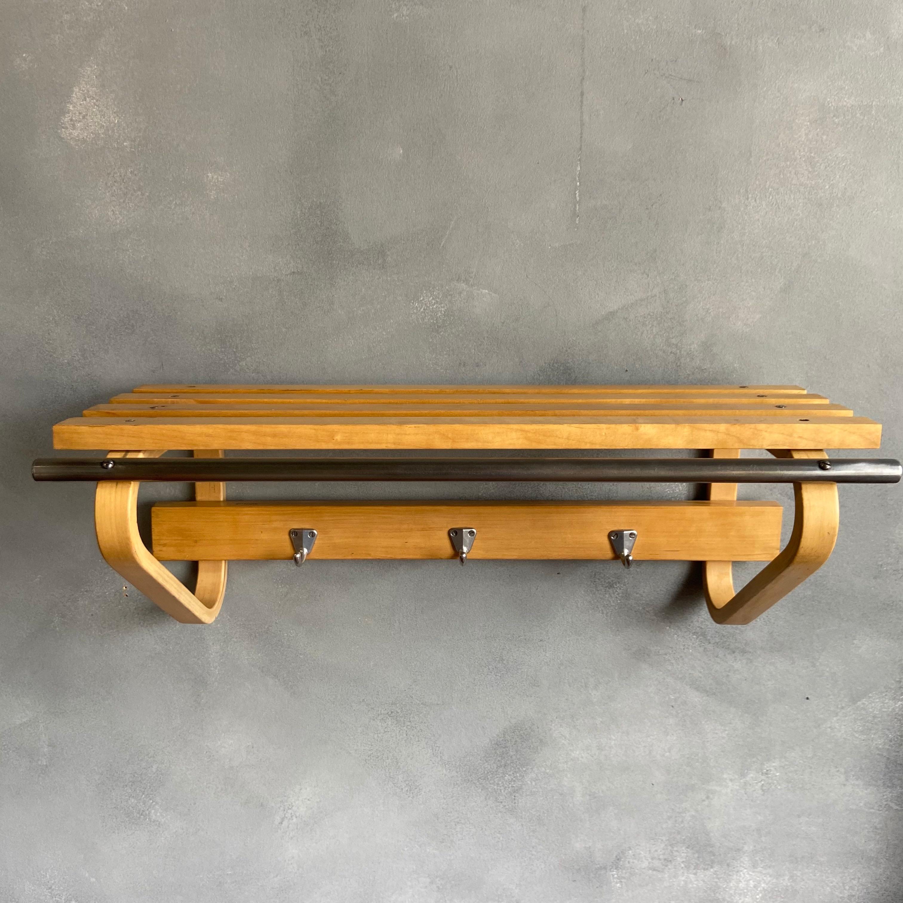 For your consideration is this original coat rack with shelf designed by Alvar Aalto for Artek circa 1960 featuring birch wood, metal coat hooks and early nickel plated steel hanger rod. We have been lucky to receive a few of these in our shop among