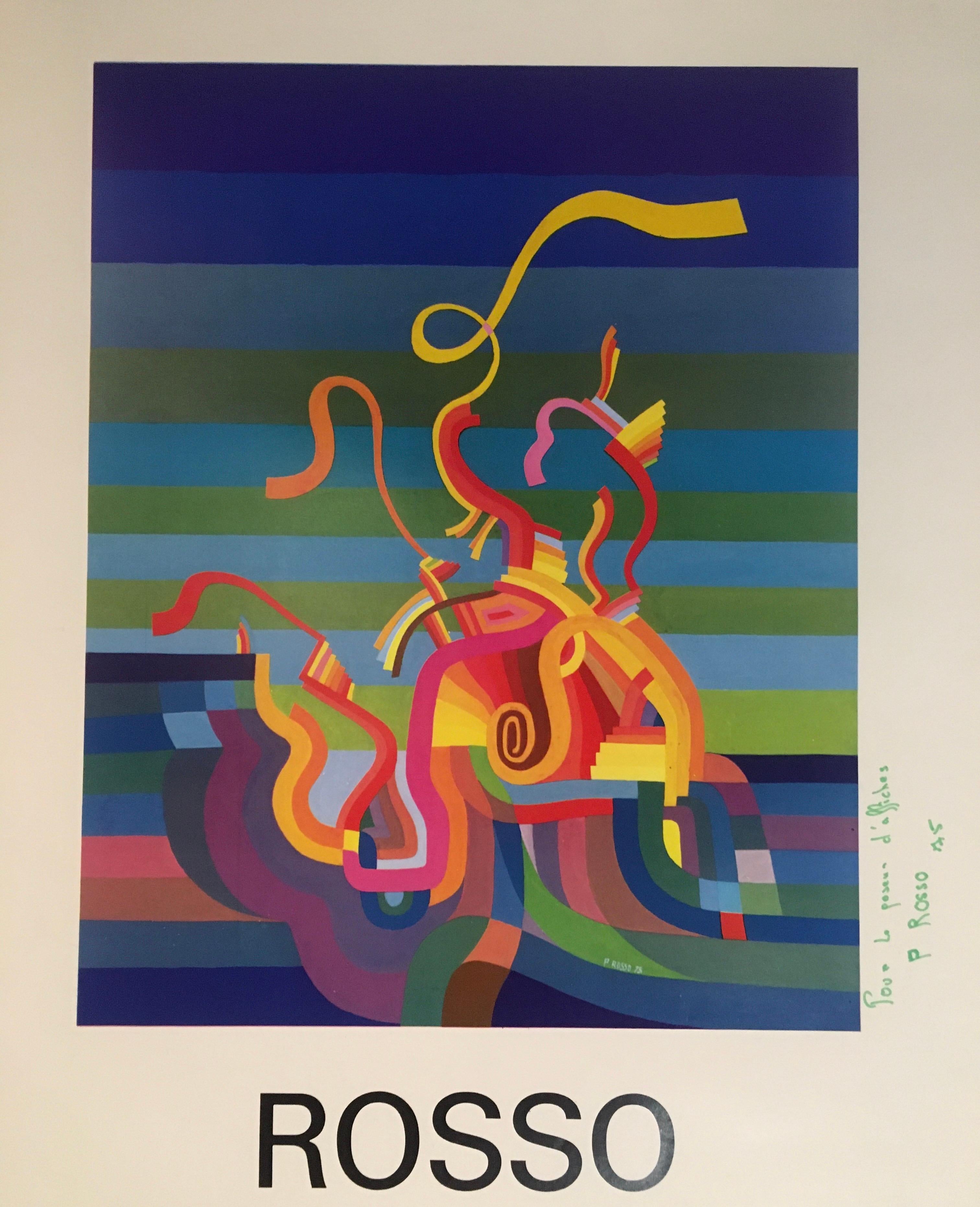 Original midcentury abstract art exhibition poster with wonderful vivid colors of blue, red, green, beige, etc...
Very decorative, signed by the artist and dated 1975.

Measures: 18