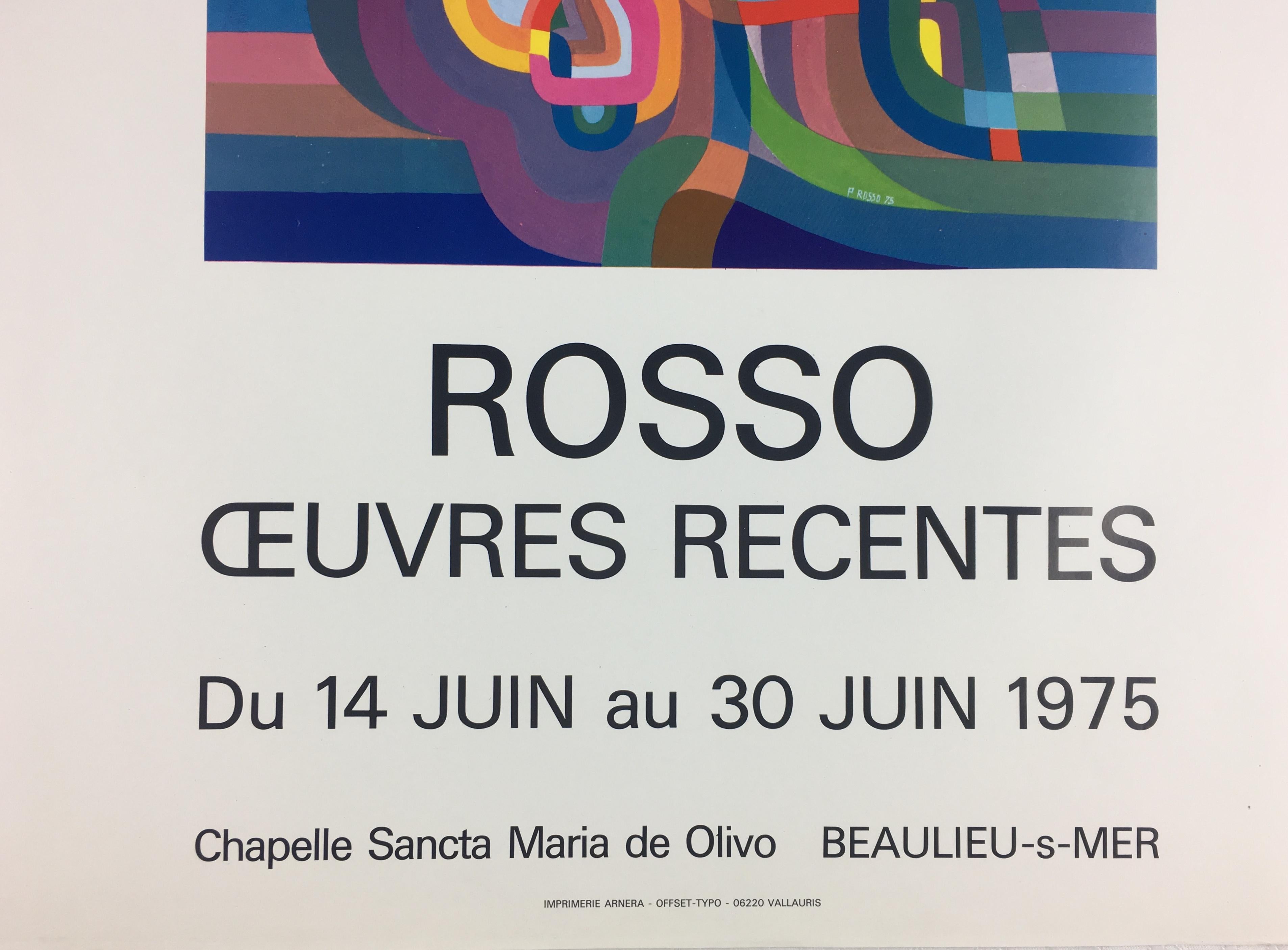 Original Midcentury Abstract Art Exhibition Poster, Signed Rosso Dated 1975 In Good Condition For Sale In Miami, FL