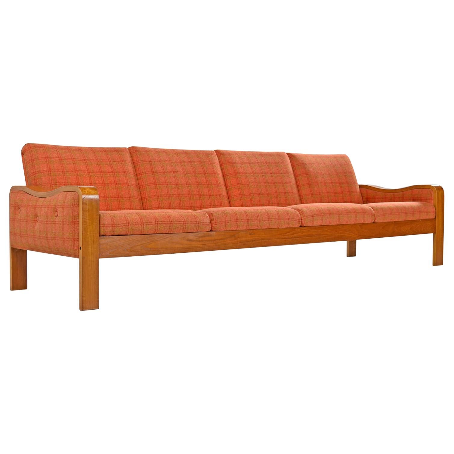 Original Midcentury Bent Teak Plaid Wool Fabric Danish Modern Sofa Couch