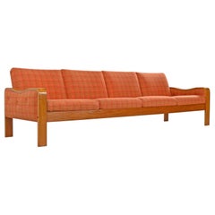 Original Midcentury Bent Teak Plaid Wool Fabric Danish Modern Sofa Couch