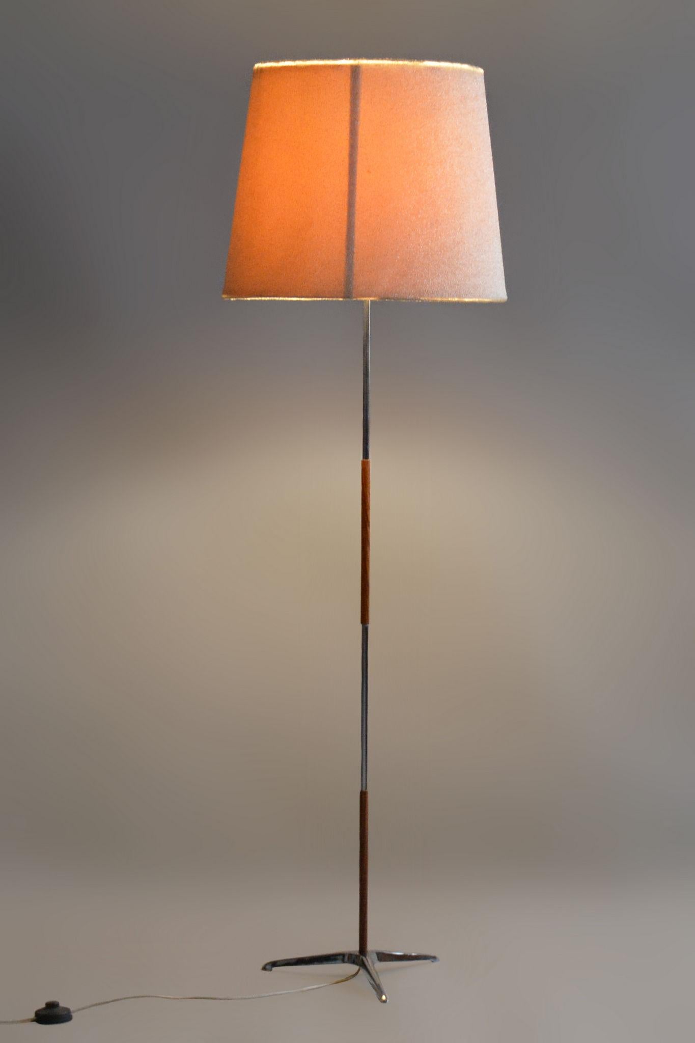 Mid-Century Modern Original MidCentury Floor Lamp, Palisandr, Chrome-plated Steel, Czechia, 1960s For Sale