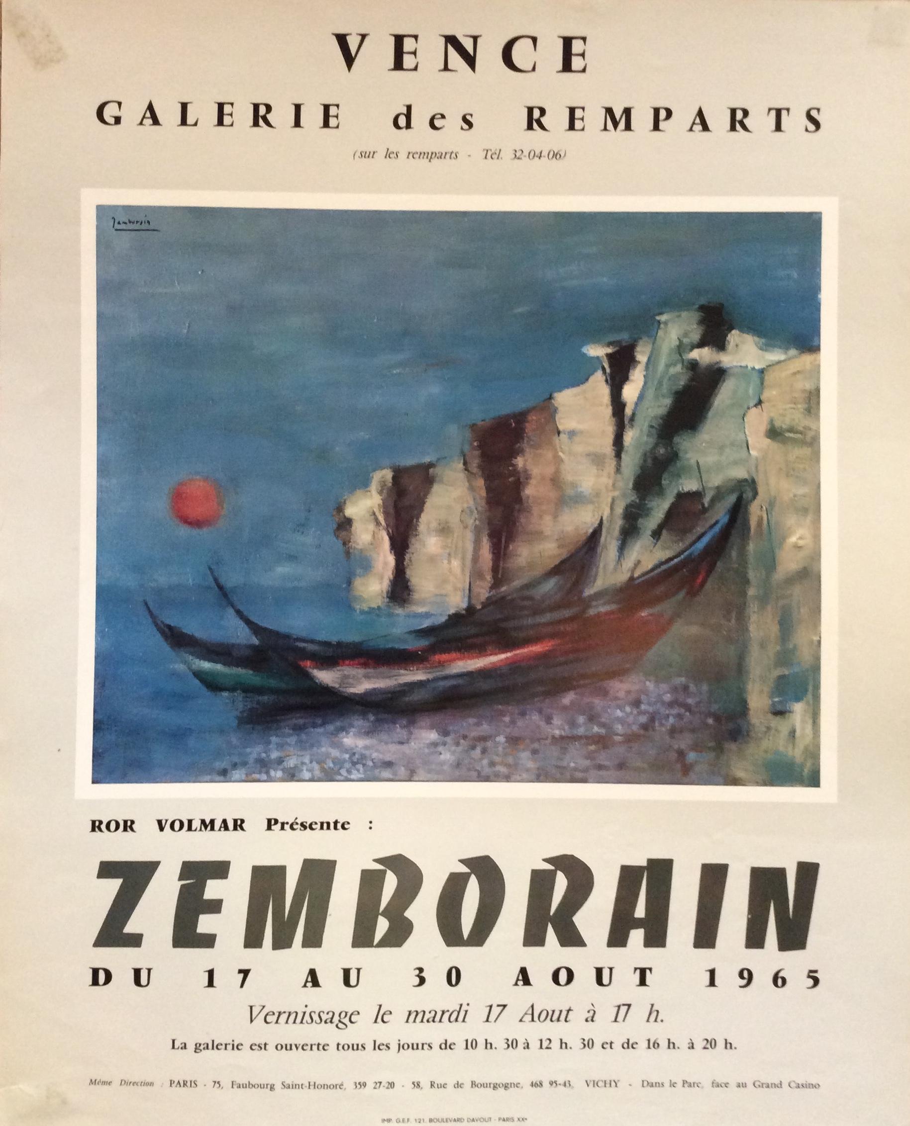 Mid-Century Modern Original French Mid-Century Seascape Art Exhibit Poster by Zemborain dated 1965