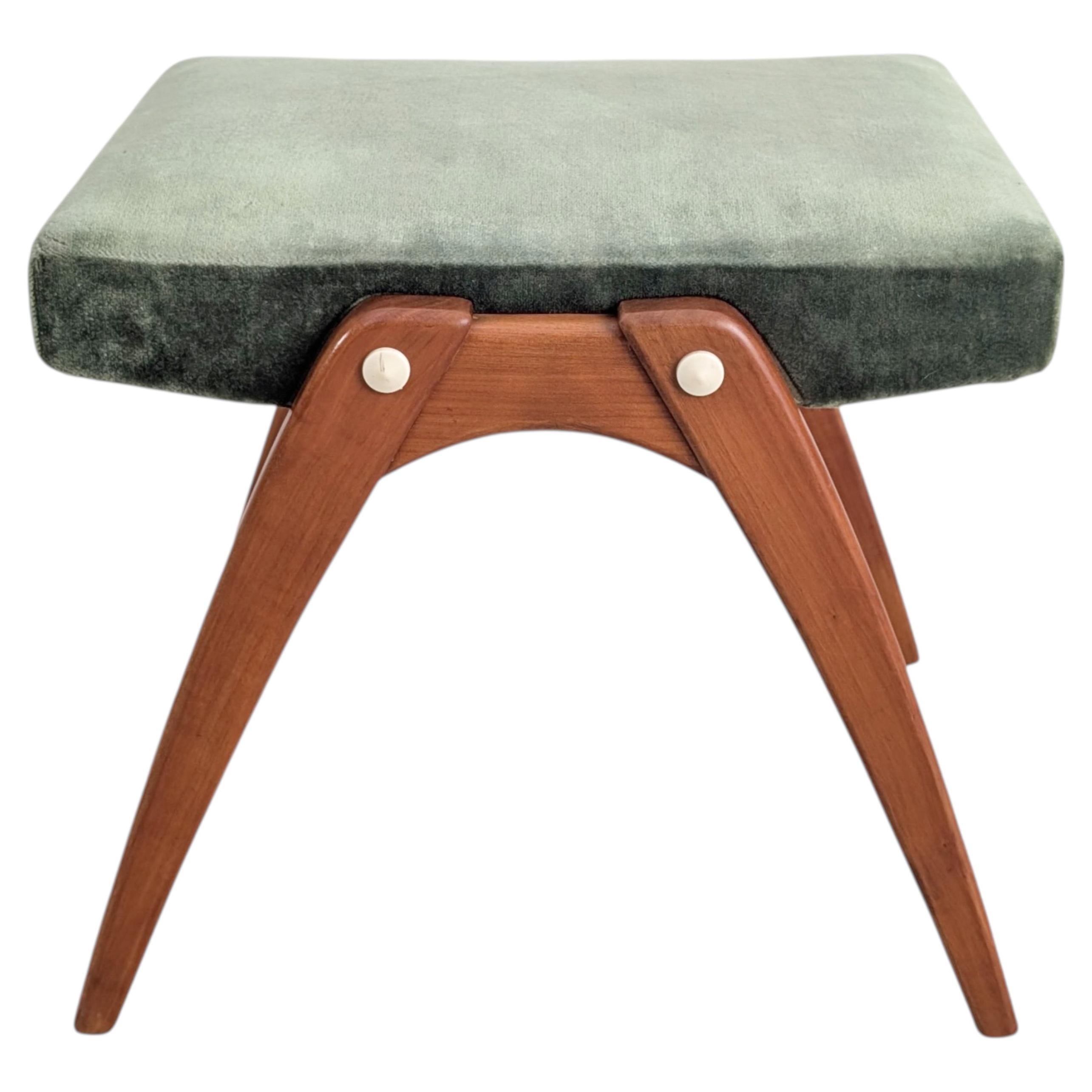 Original Midcentury Fußhocker Teak Samt Vintage Ottoman