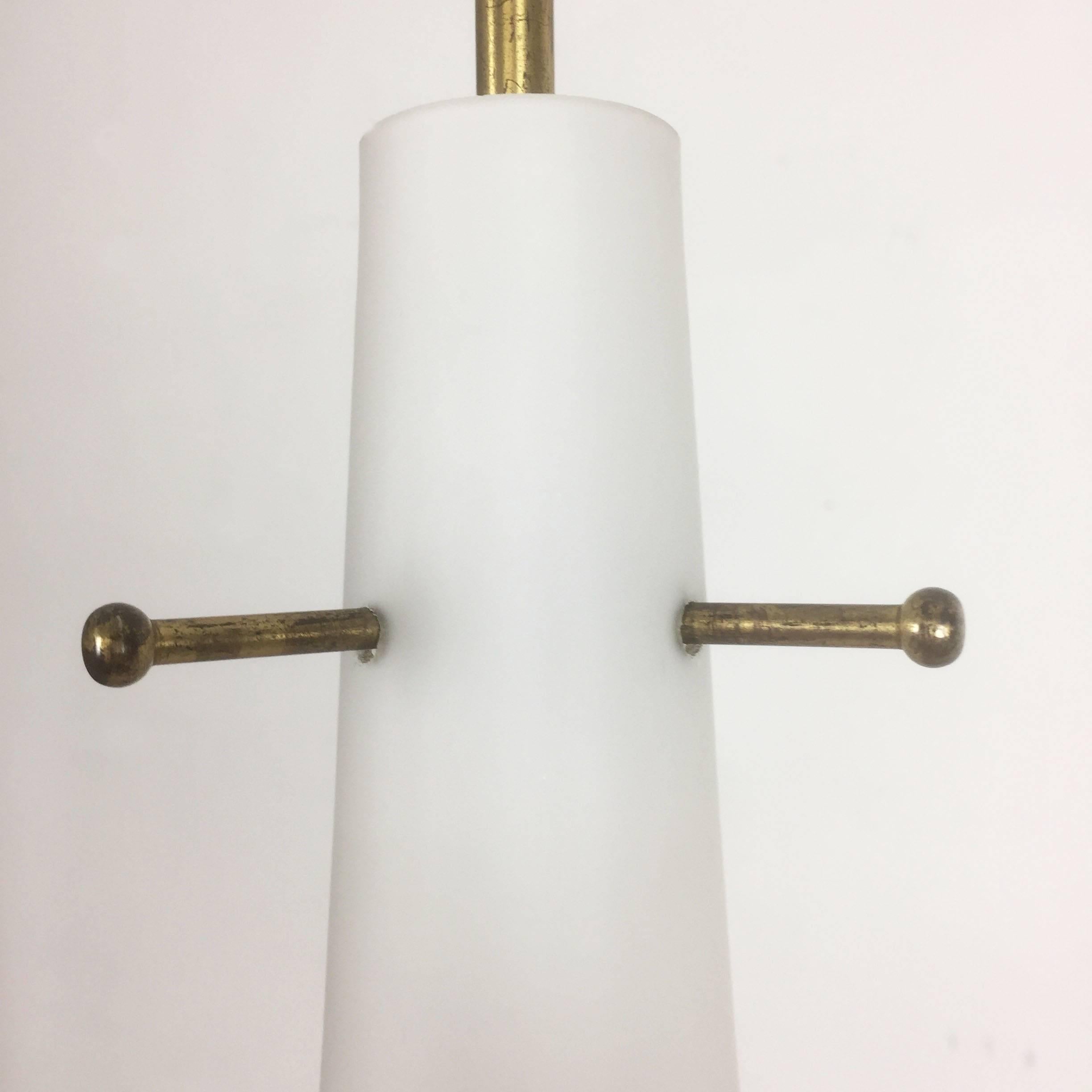 Brass Original Midcentury Modernist Opal Glass Tube Hanging Light, Italy, 1950