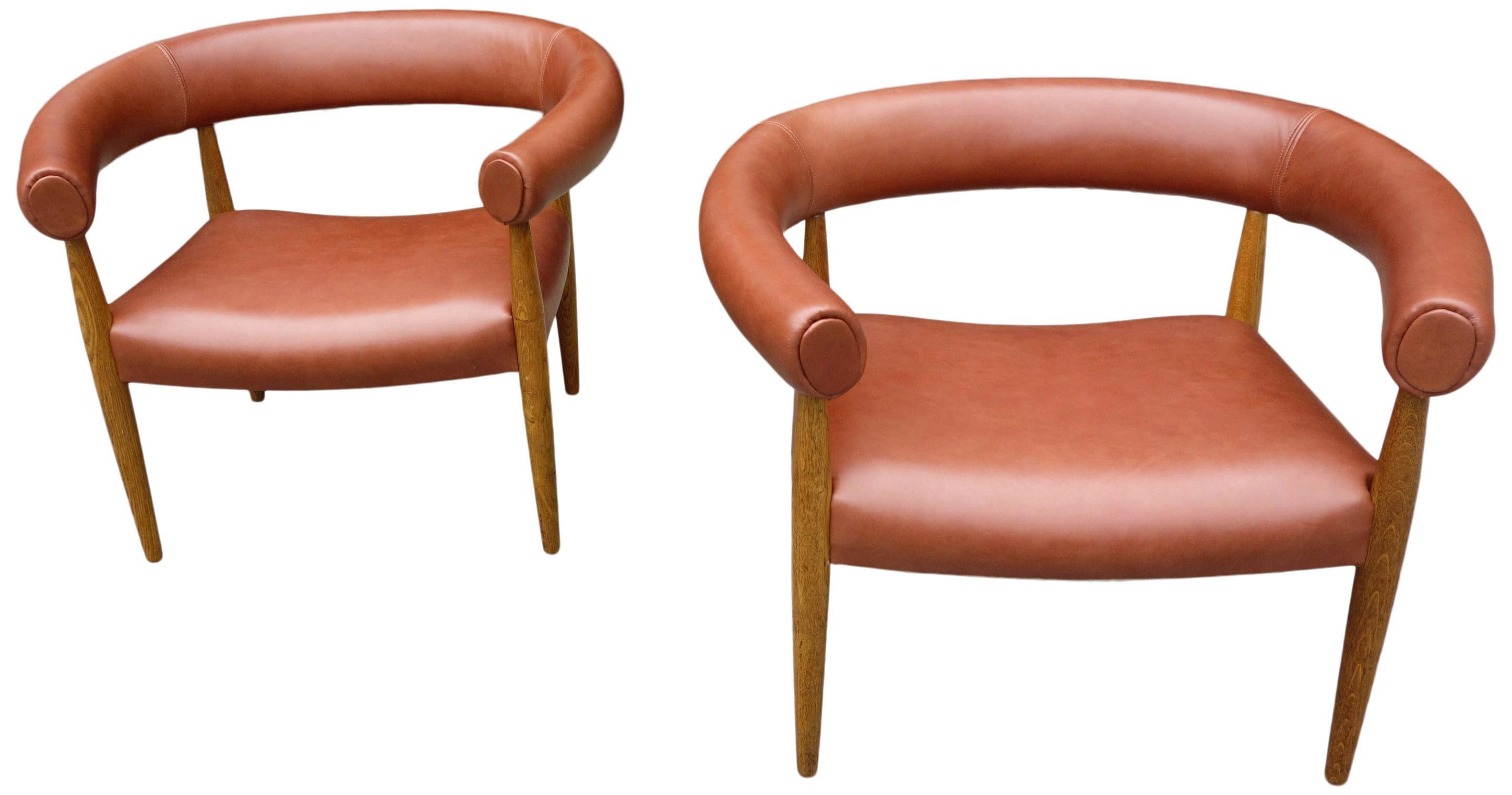 For your consideration are these authentic and original Mid-century Nanna and Jorgen Ditzel Ring Chairs in leather and English Oak. 
Newly recovered in soft saddle brown leather while keeping the original patina on the frame. Incredibly comfortable
