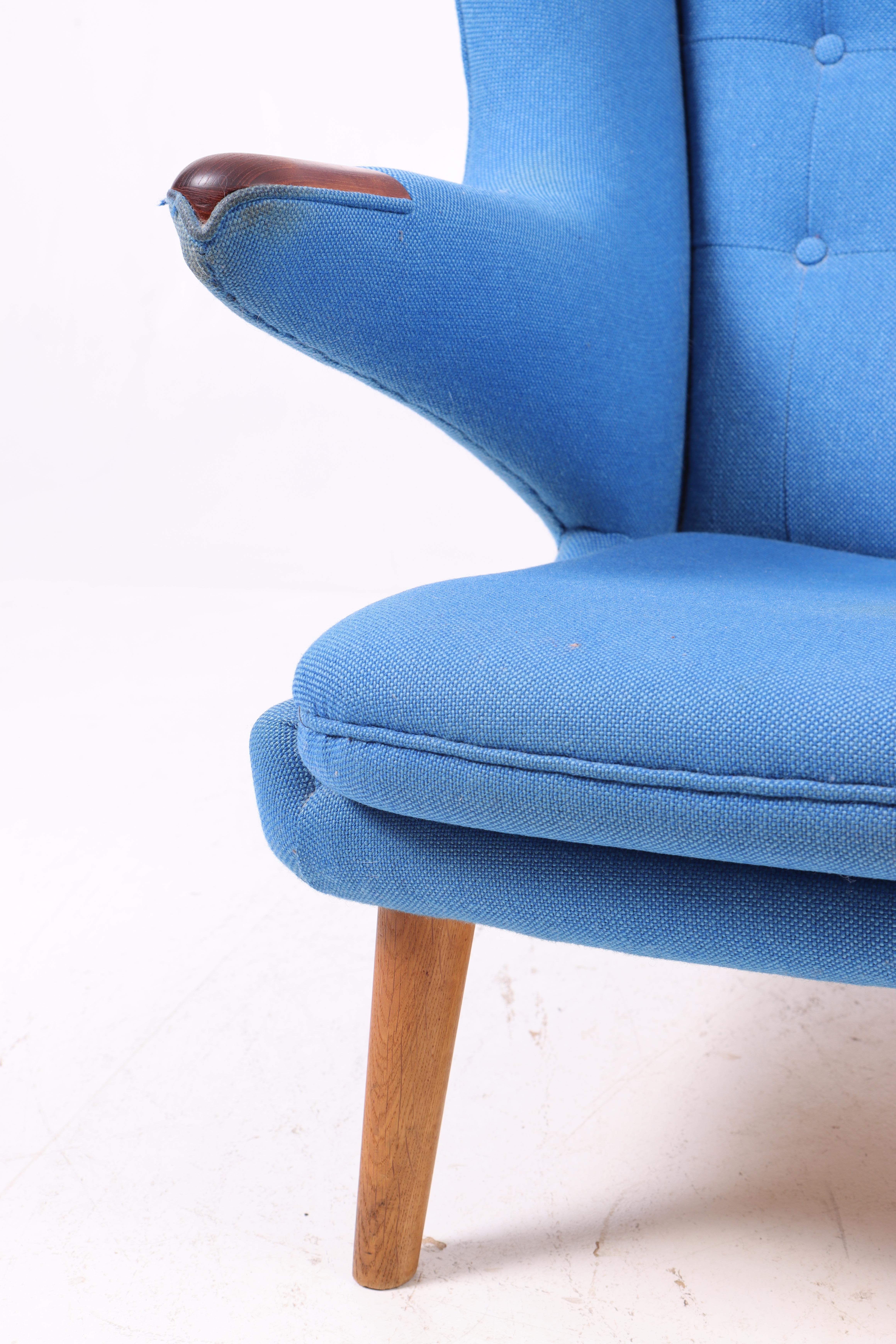 Papa bear chair (AP 19) in original fabric on a patinated teak and oak frame. Designed by Hans J. Wegner for AP stolen in 1957, great original condition. Made in Denmark.