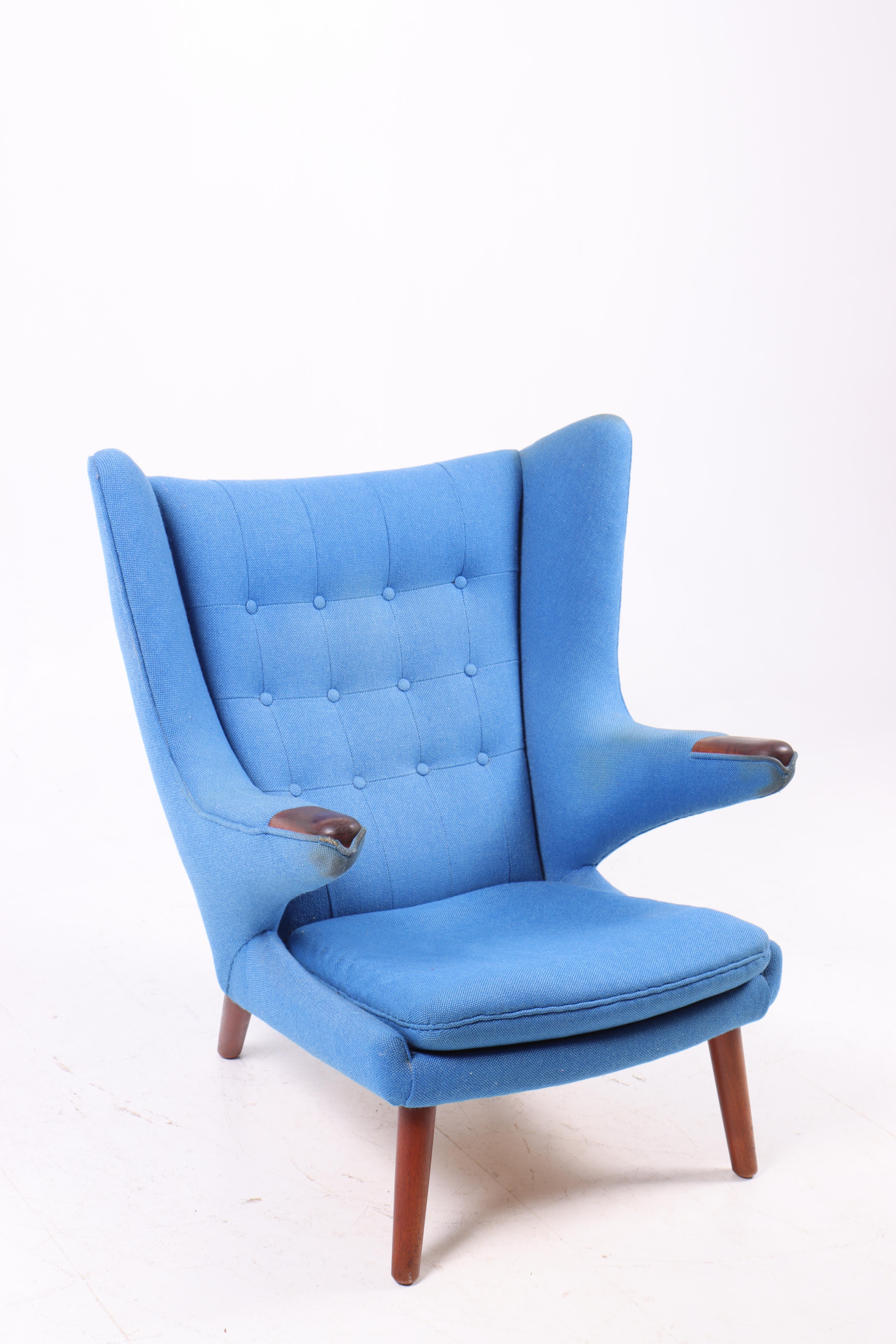 Papa bear chair (AP 19) in original fabric on a patinated teak frame. Designed by Hans J. Wegner for AP stolen in 1957, great original condition. Made in Denmark.