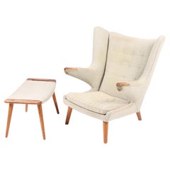 Original Midcentury Papa Bear Chair with Stool by Wegner, Danish Design, 1960s