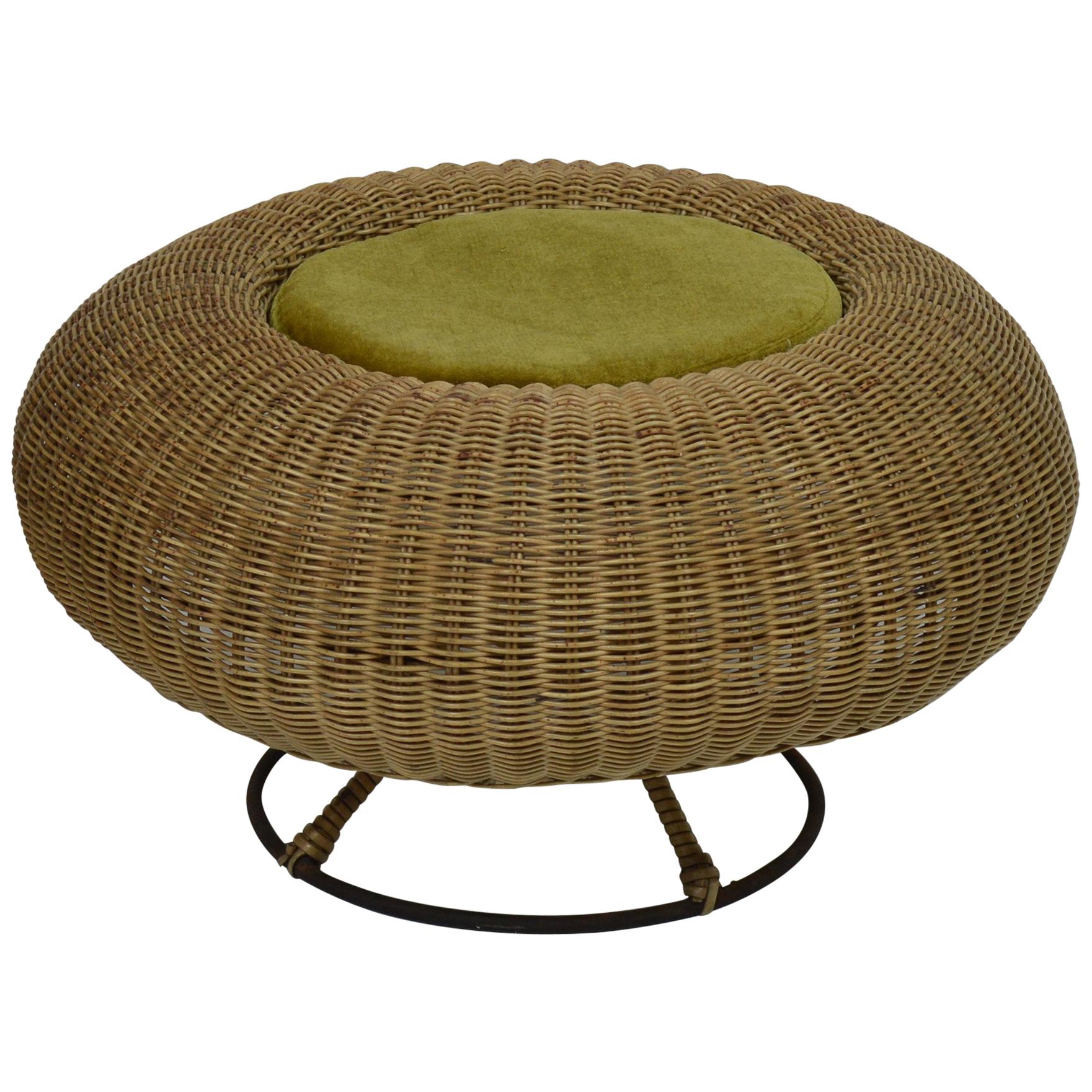 Original Midcentury Rattan Pouffe or Ottoman, 1950s