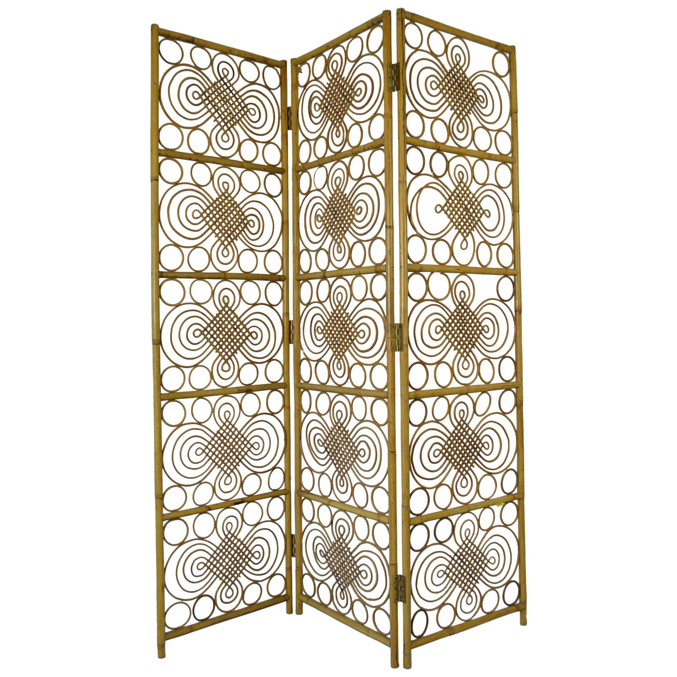 Original Midcentury Rattan Three-Fold Screen