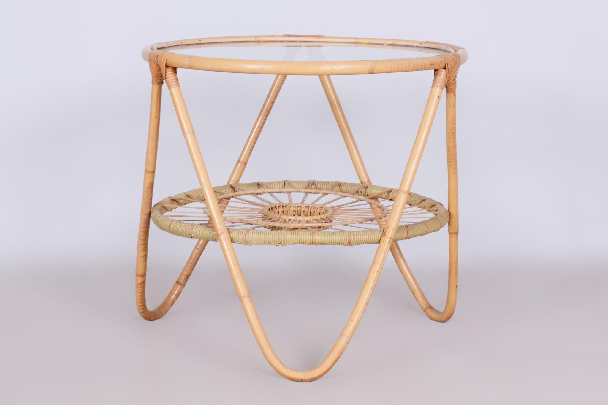 Original MidCentury Small Table, Alan Fuchs, ULUV, Rattan, Glass, Czechia, 1940s For Sale 1