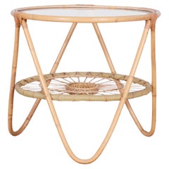 Original MidCentury Small Table, Alan Fuchs, ULUV, Rattan, Glass, Czechia, 1940s