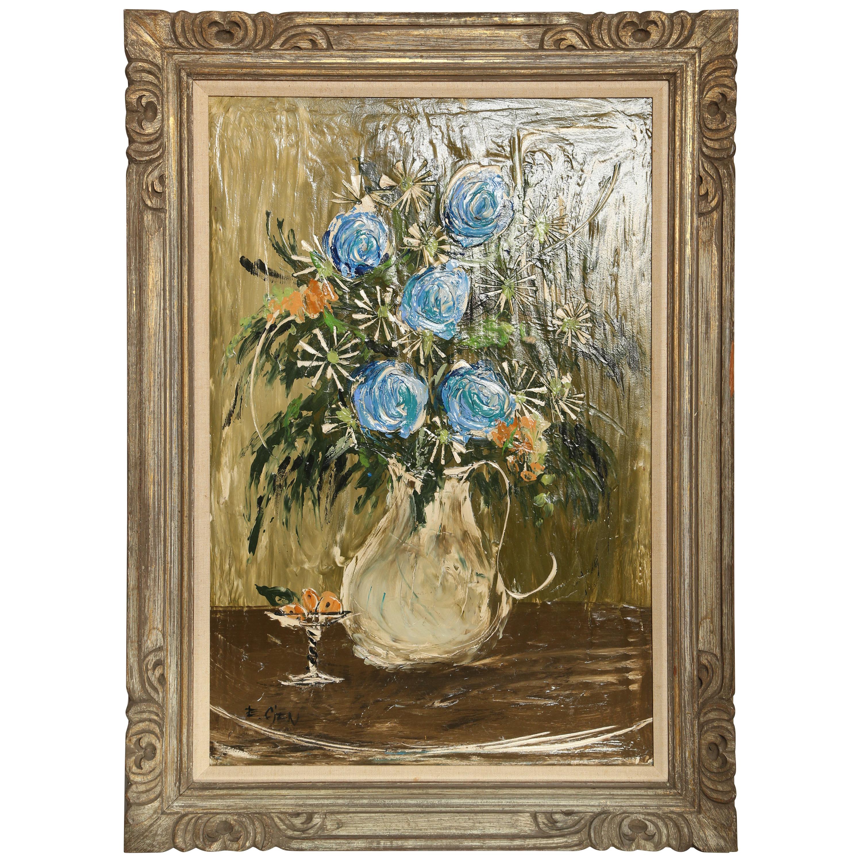 Original Midcentury Stillleben Floral Ölgemälde