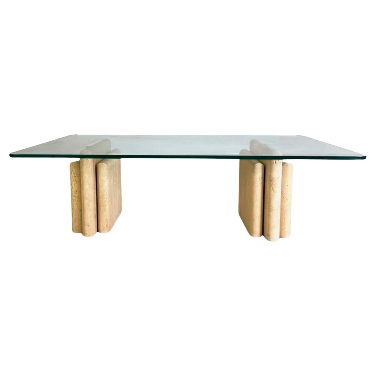 Original Midcentury Travertin Couchtisch Italien Glas Design