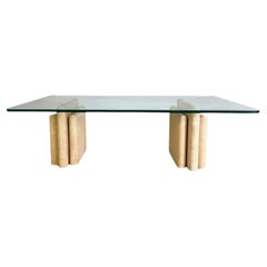 Original Midcentury Travertin Couchtisch Italien Glas Design