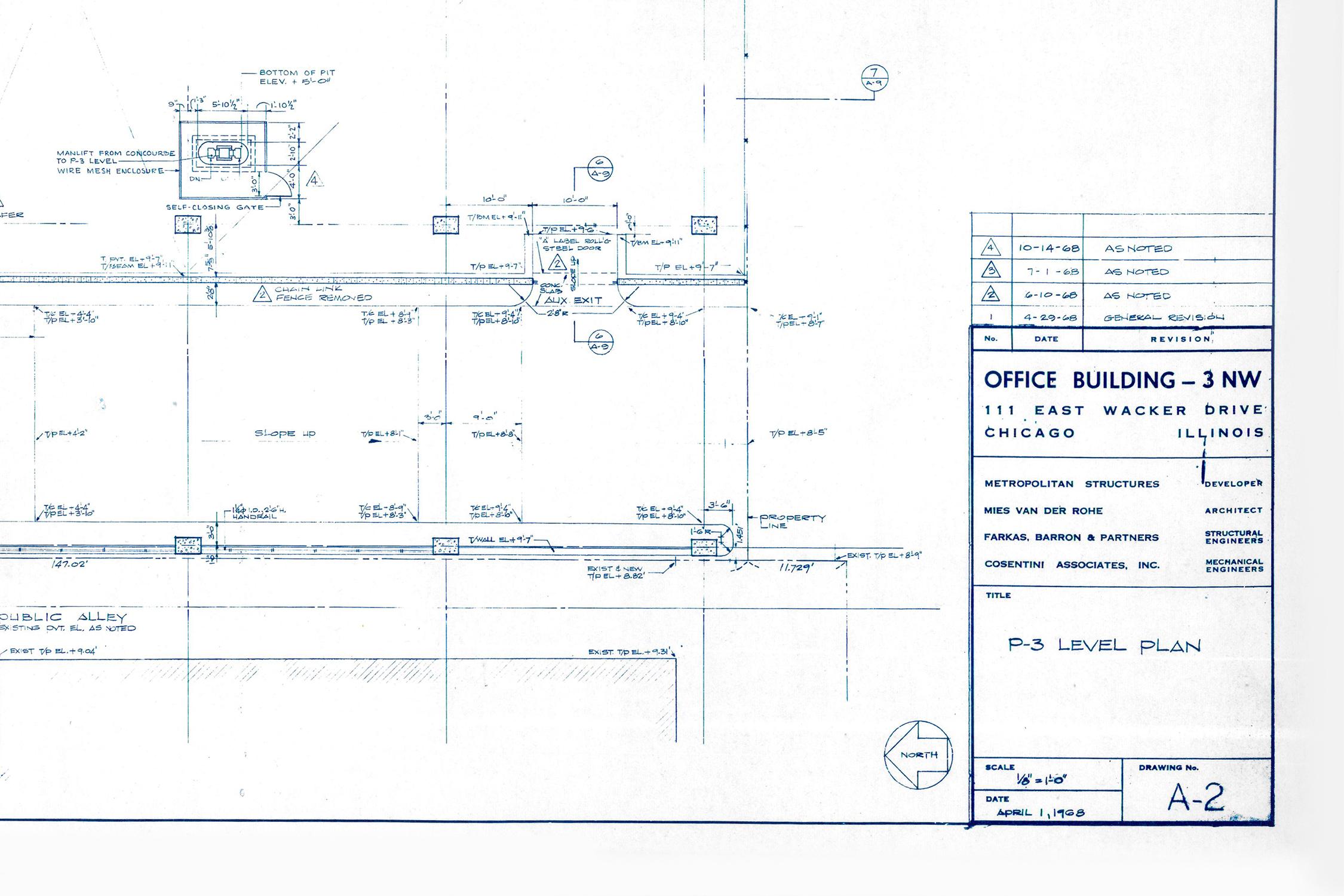 blueprint from the office of Ludwig Mies van der Rohe, Chicago 1968

One Illinois Center Office Building - 3 NW, 111 East Wacker Drive, Chicago, IL

Drawing A-2: P-3 Level Plan

Ludwig Mies van der Rohe

This is one of a collection of prints