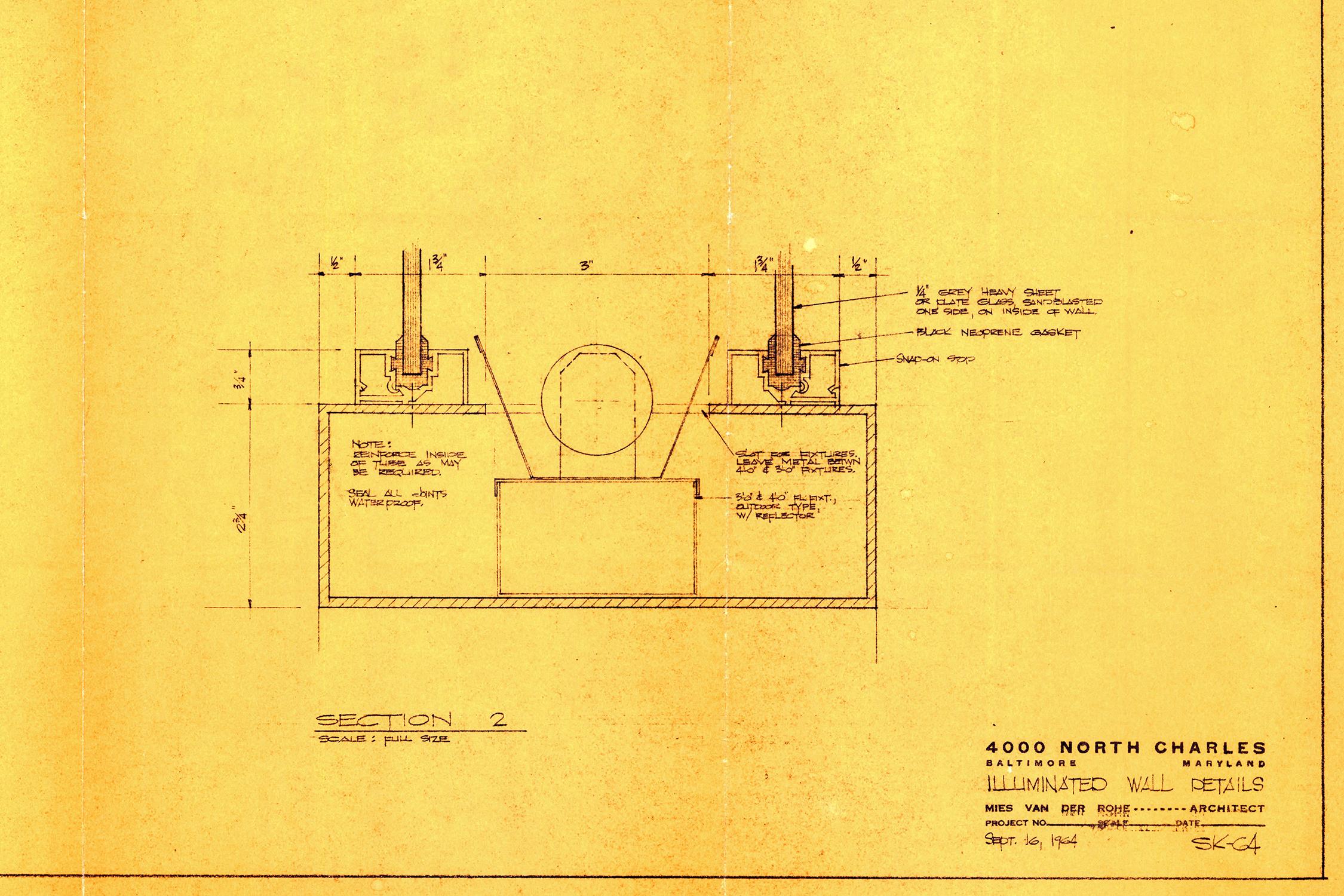 Bauhaus Original Mies van der Rohe Blueprint from 1964, Illuminated Wall Details For Sale