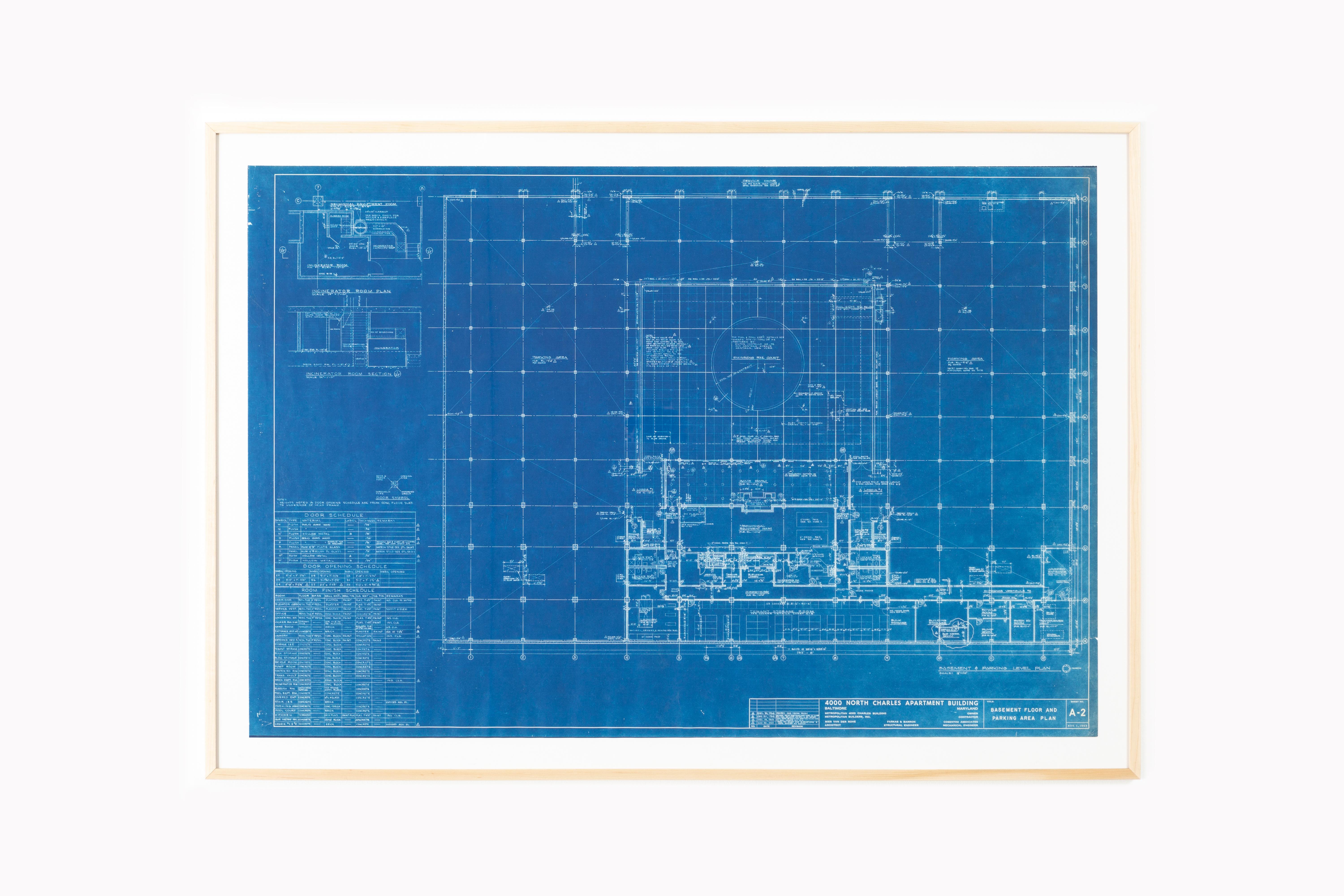 Mid-20th Century Original Mies van der Rohe Blueprint from 1964, Illuminated Wall Details For Sale
