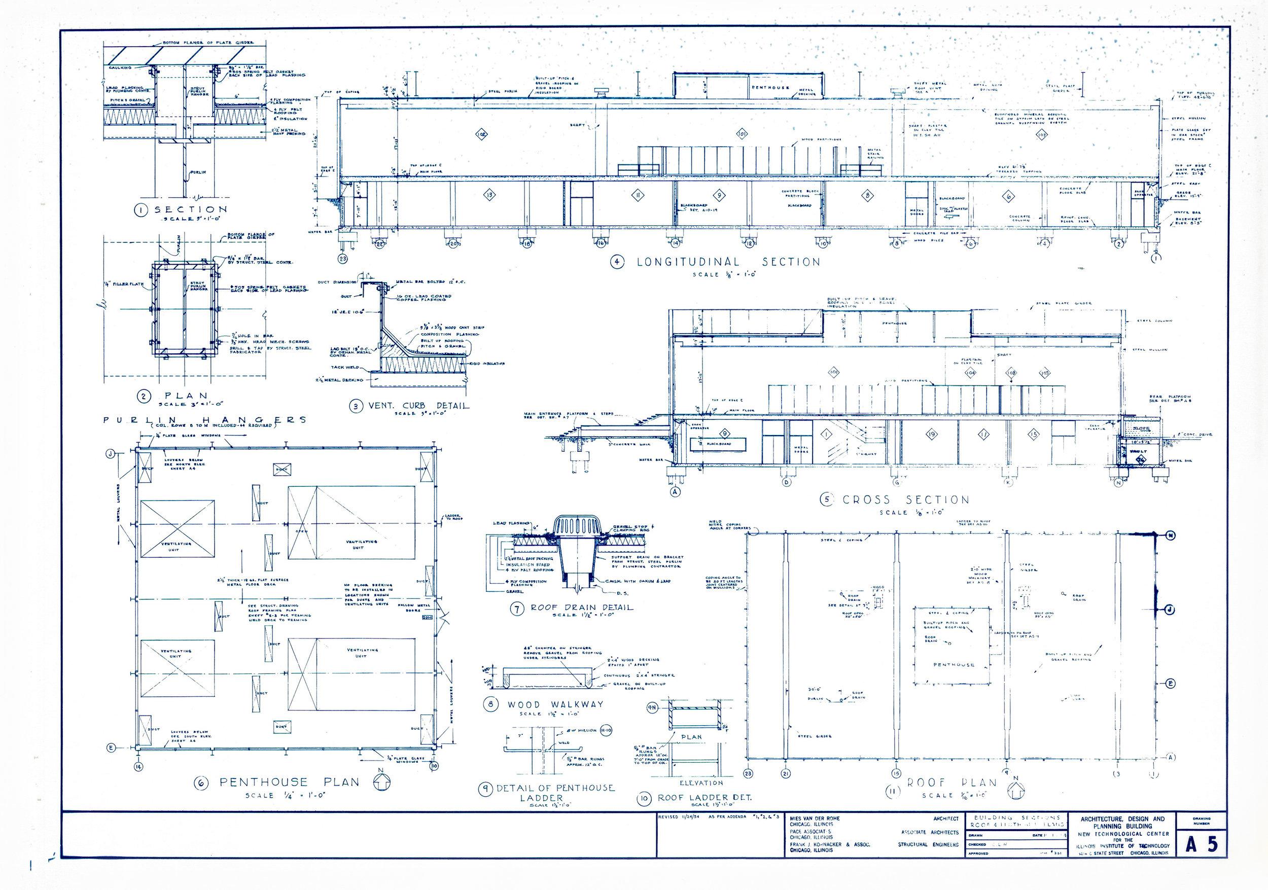Original Mies van der Rohe Blueprint from 1964, Illuminated Wall Details For Sale 1