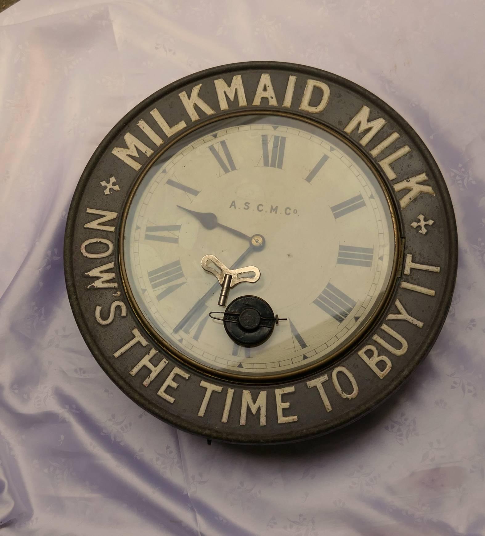 English Original Mikmaid Milk Advertising Clock, from 1890 by the A.S.C.M Co