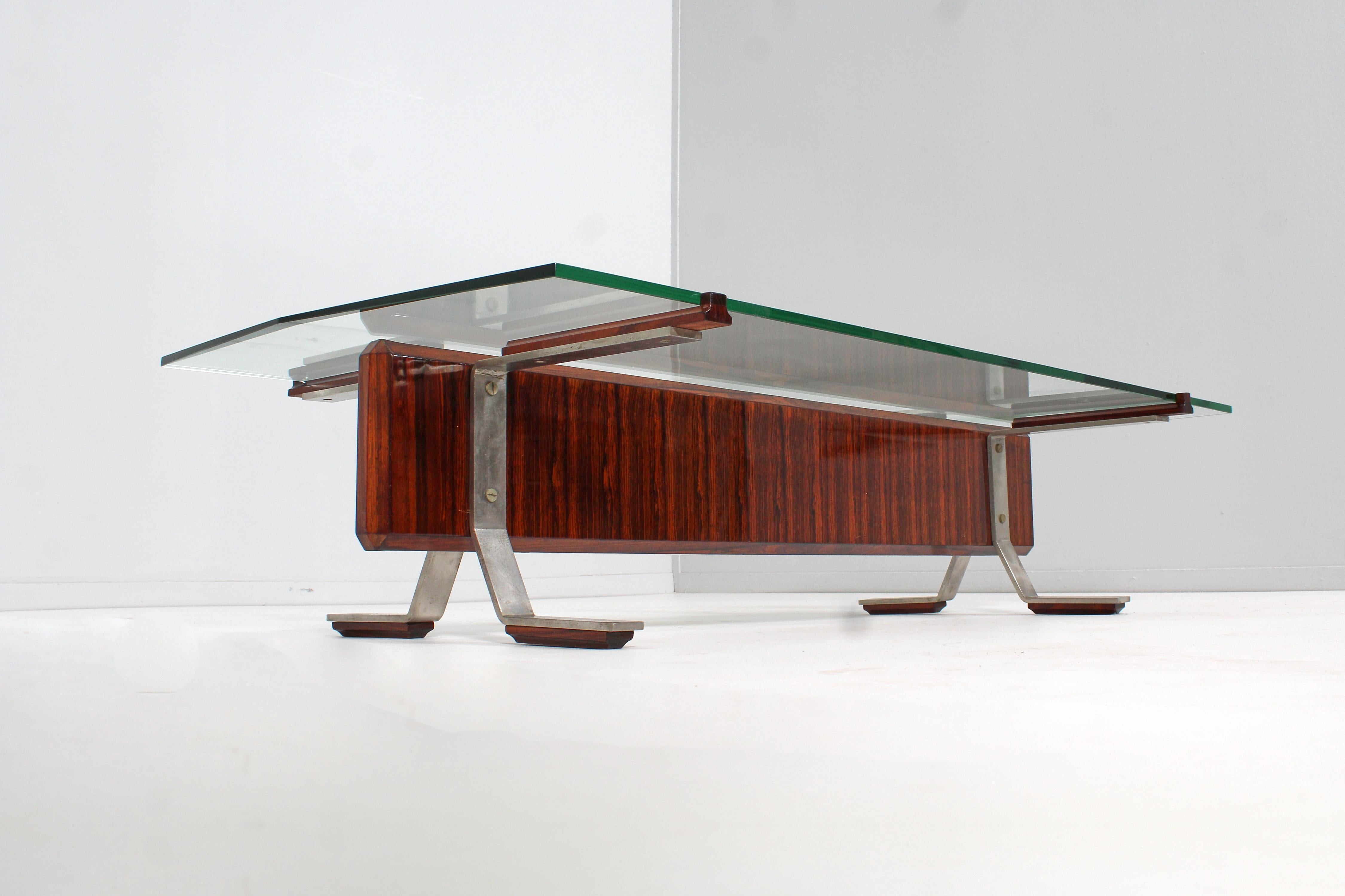 Original MIM Roma I. Parisi (attr.) Glass, Metal and Wood Coffee Table 60s Italy For Sale 4