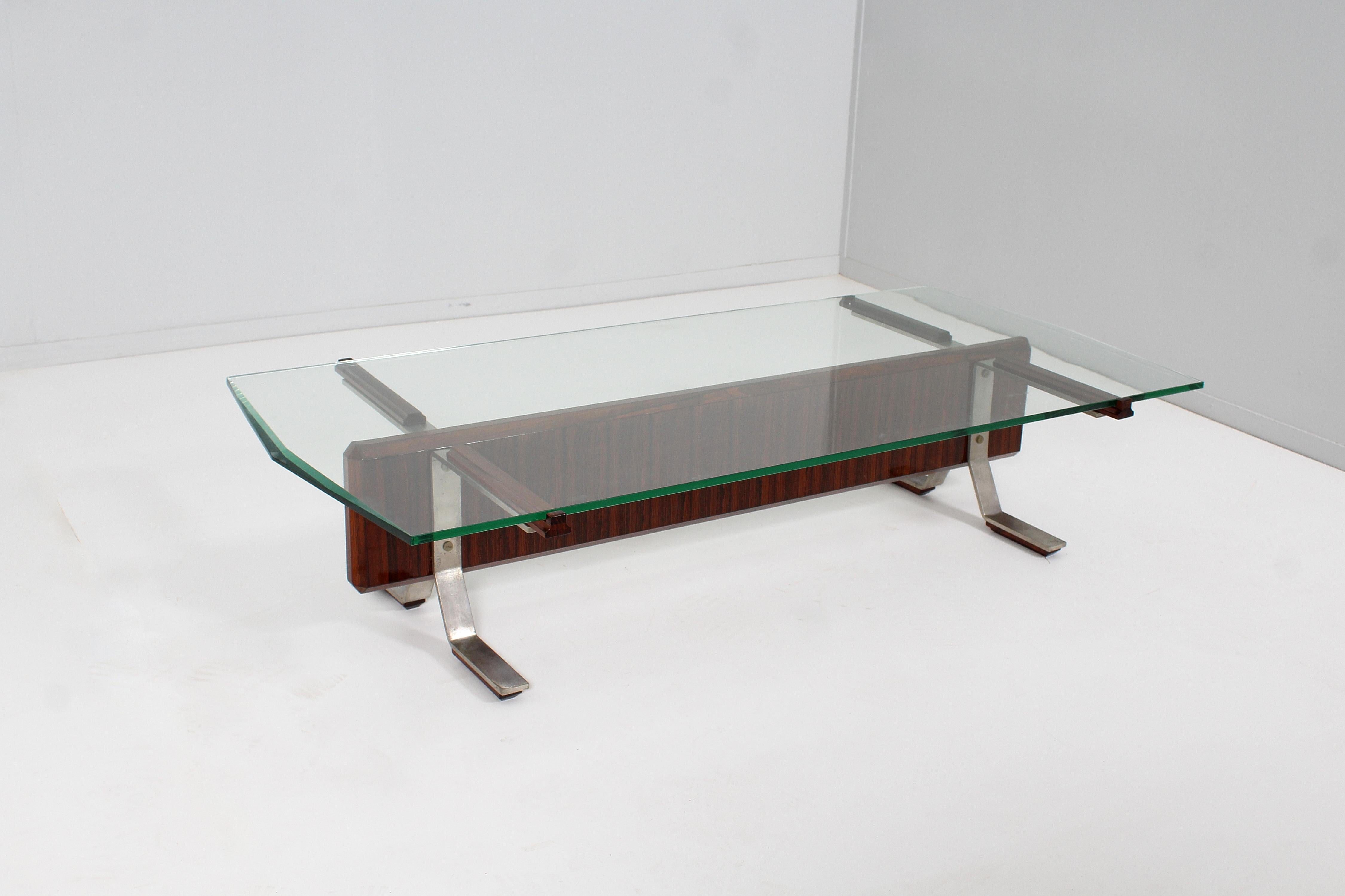 Mid-Century Modern Original MIM Roma I. Parisi (attr.) Glass, Metal and Wood Coffee Table 60s Italy For Sale