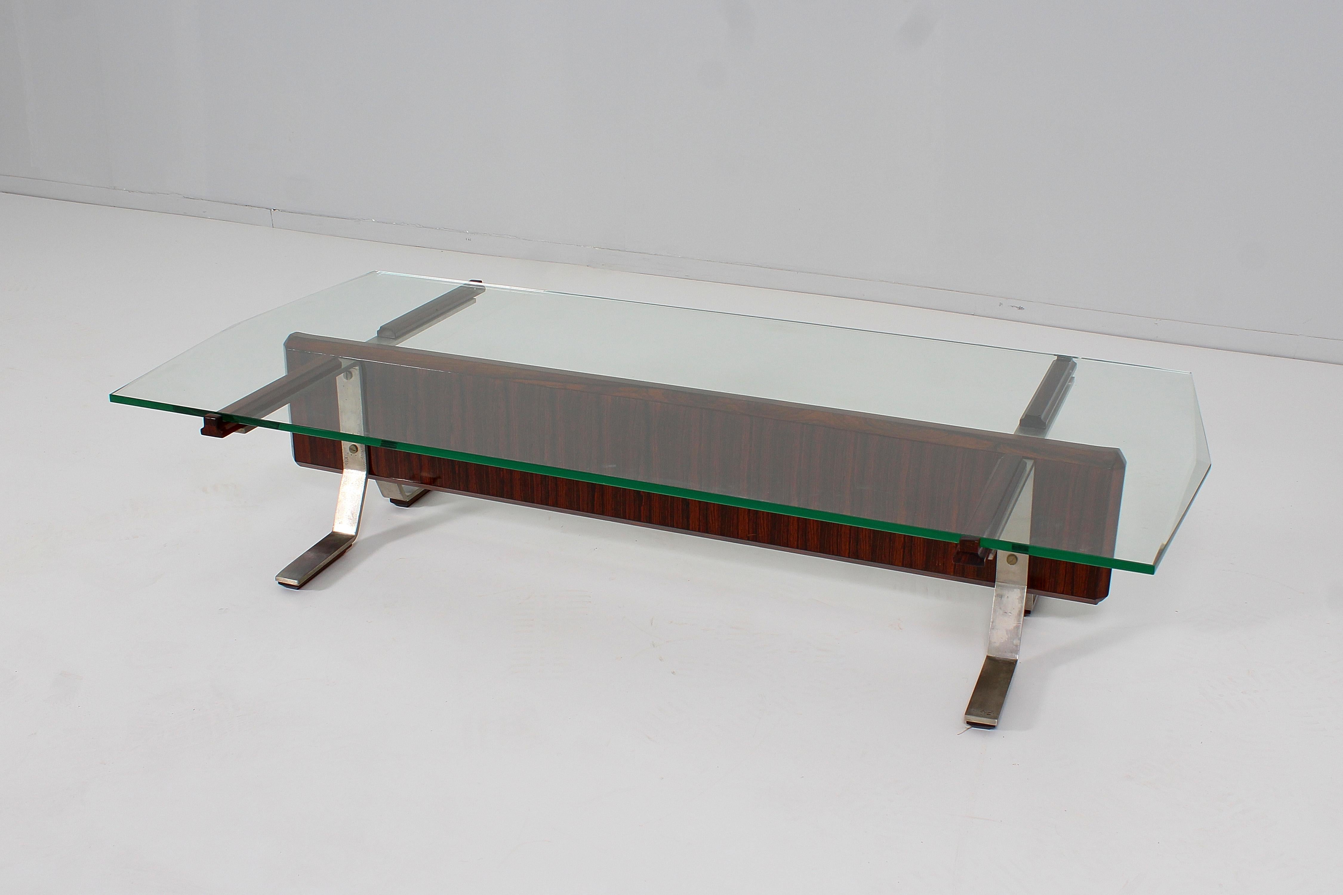 Italian Original MIM Roma I. Parisi (attr.) Glass, Metal and Wood Coffee Table 60s Italy For Sale