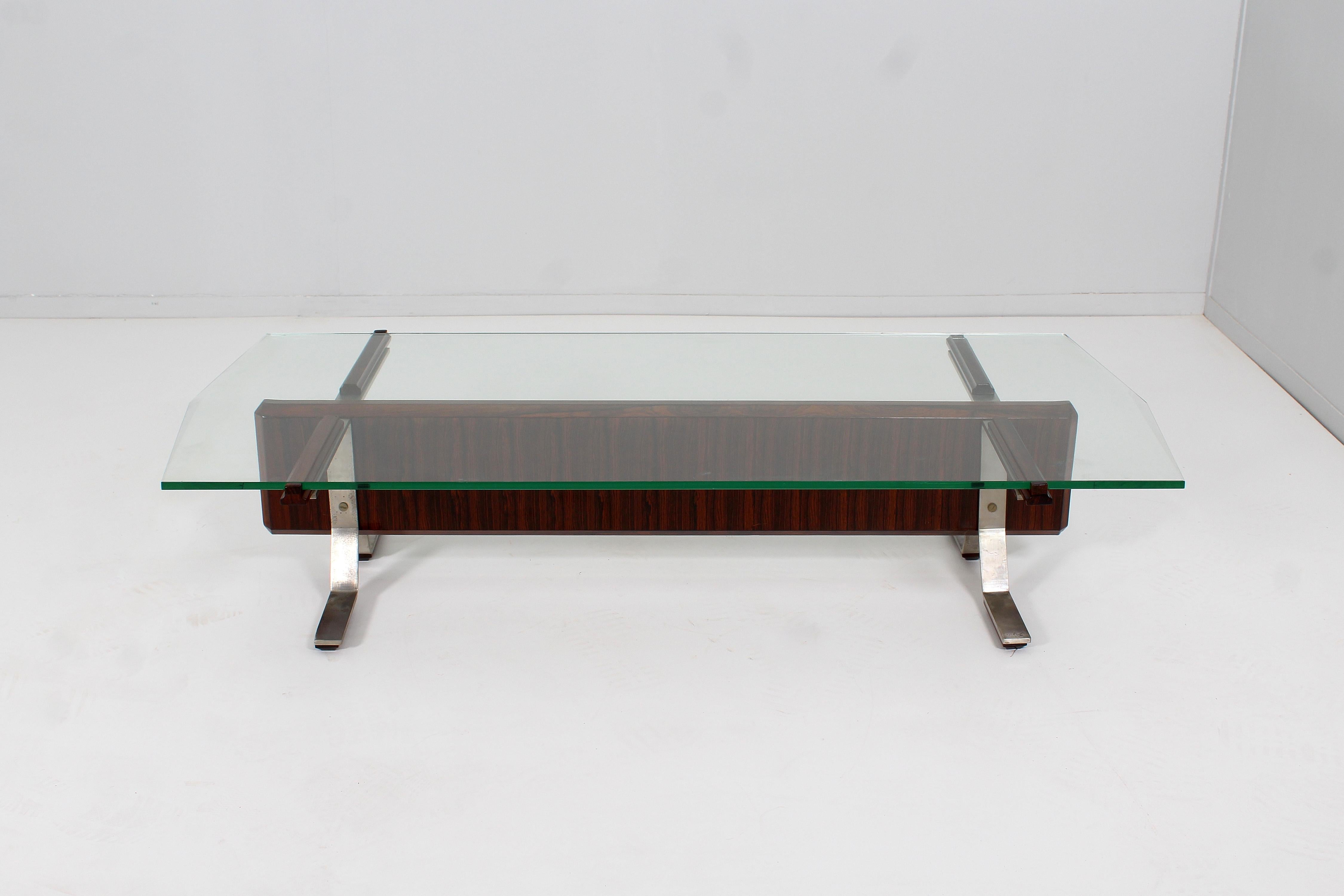 Original MIM Roma I. Parisi (attr.) Glass, Metal and Wood Coffee Table 60s Italy In Good Condition For Sale In Palermo, IT