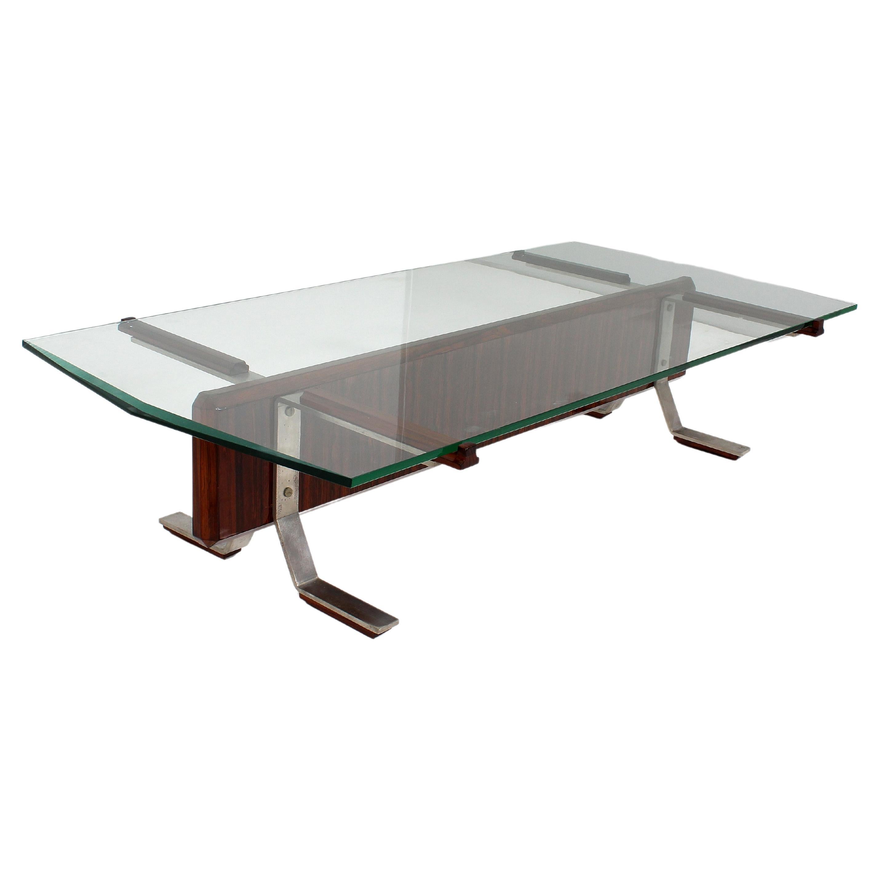 Original MIM Roma I. Parisi (attr.) Glass, Metal and Wood Coffee Table 60s Italy