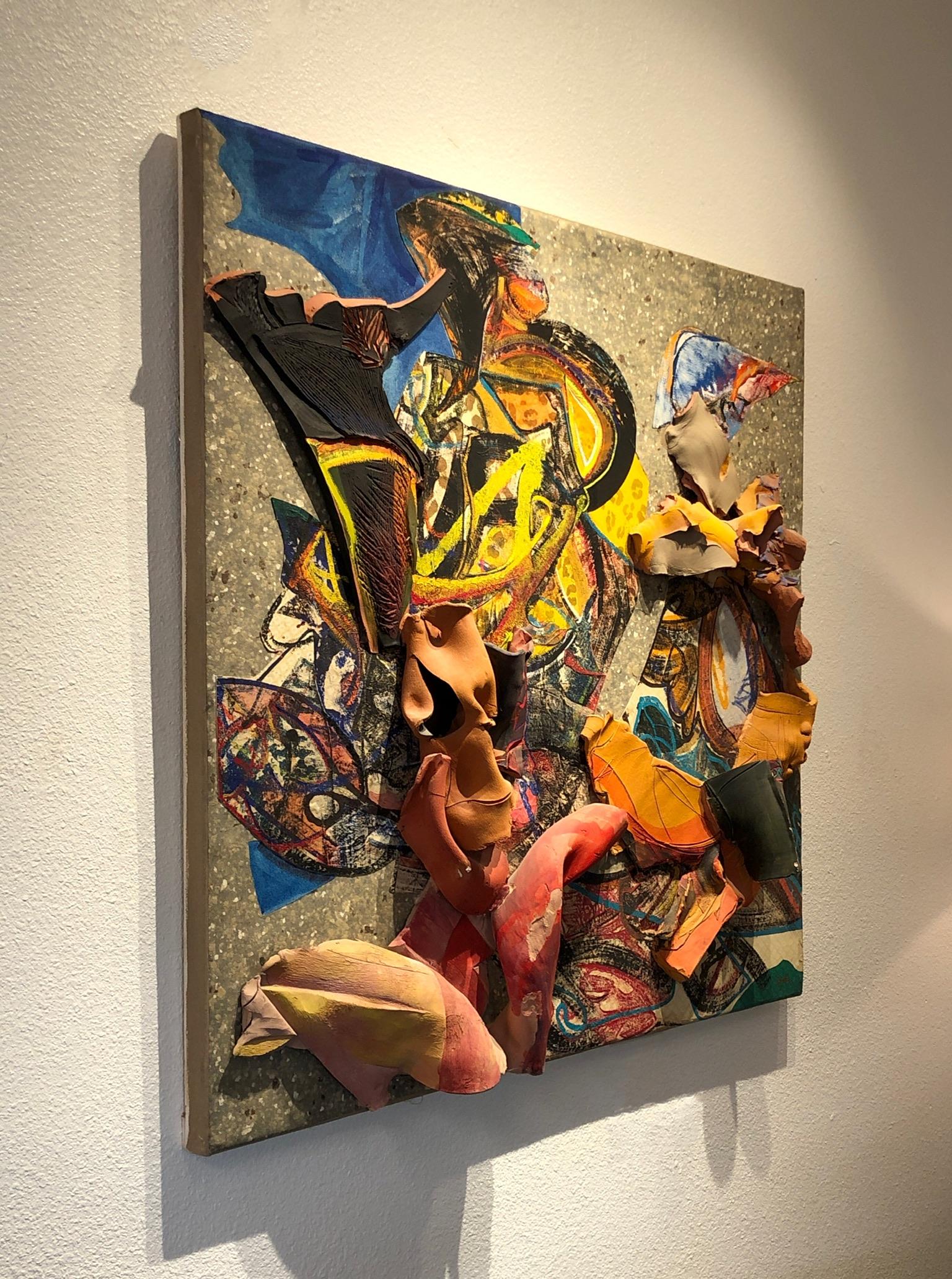 Original mixed-media abstract painting by American listed artist Josh Dayton.
Spectacular three dimensional sculptural mixed-media abstract painting that is constructed of ceramic, acrylic paint, crayon and paper on canvas.
This is a mix of Dayton