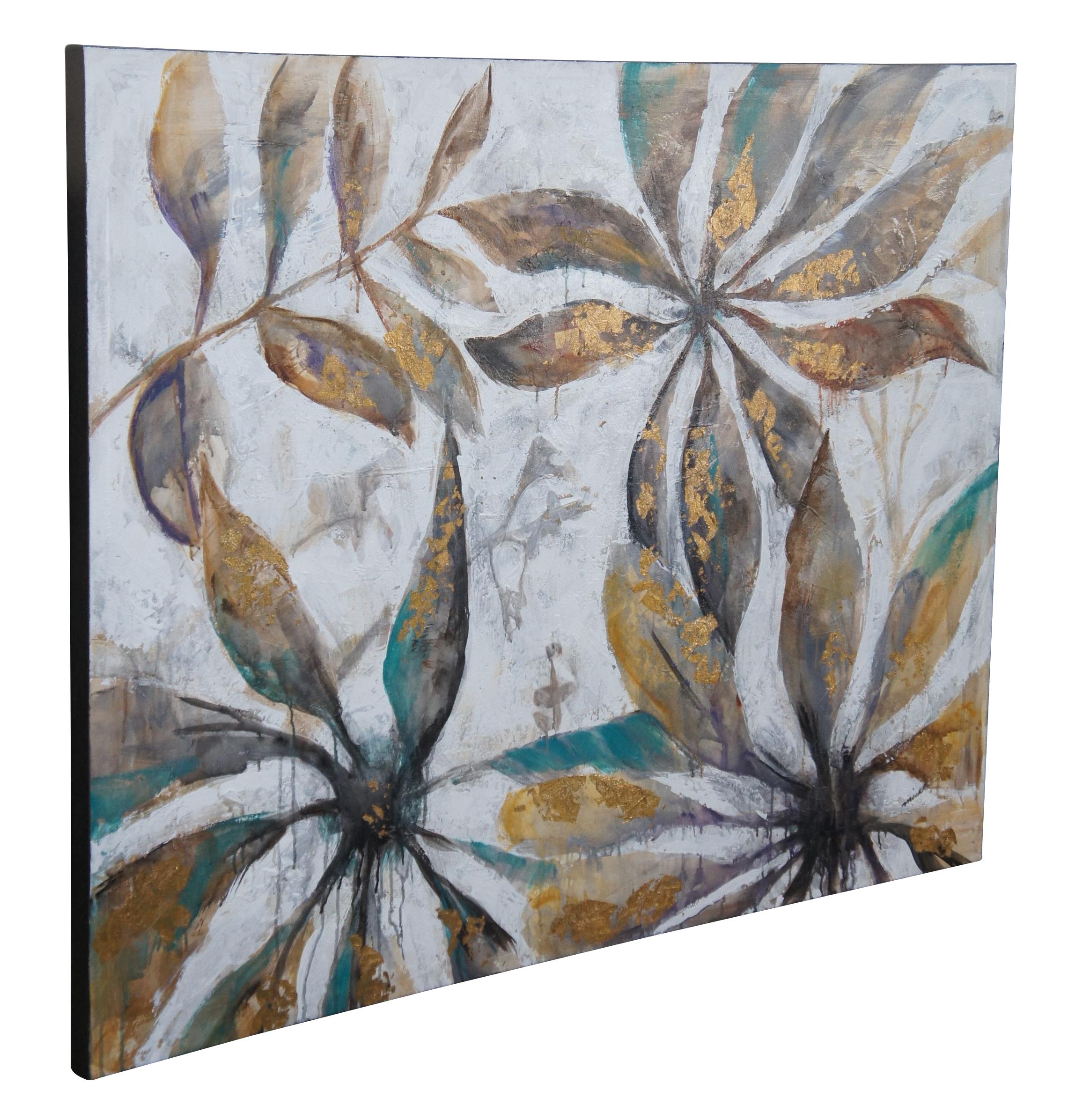 Vintage mixed media botanical painting on canvas featuring leaves and flowers with gilded gold foil accents. Signed lower right. Purchased from a gallery in Boca Raton Fl. 50
