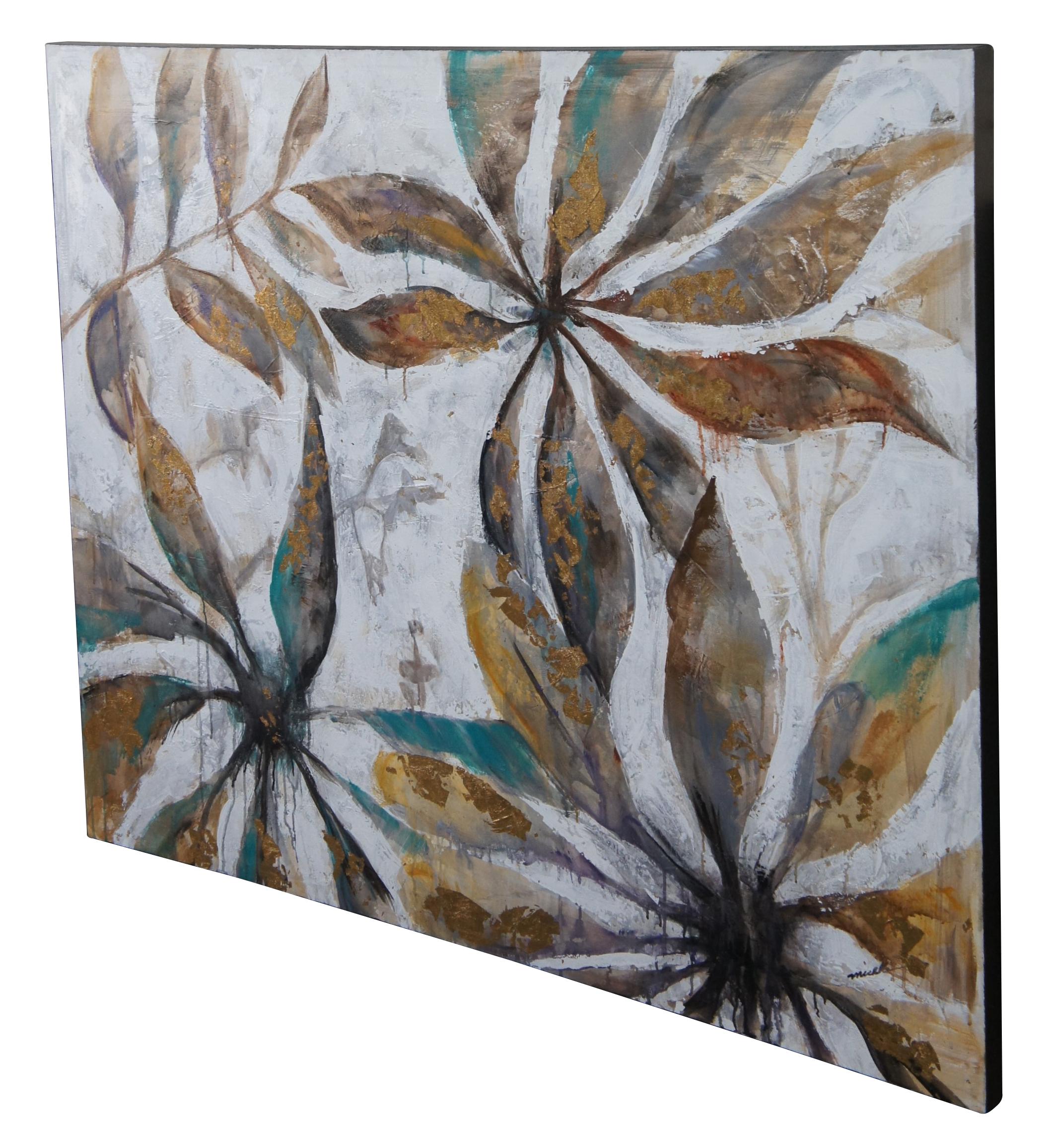 Modern Original Mixed Media Gold Foil Botanical Floral Oil Painting on Canvas For Sale