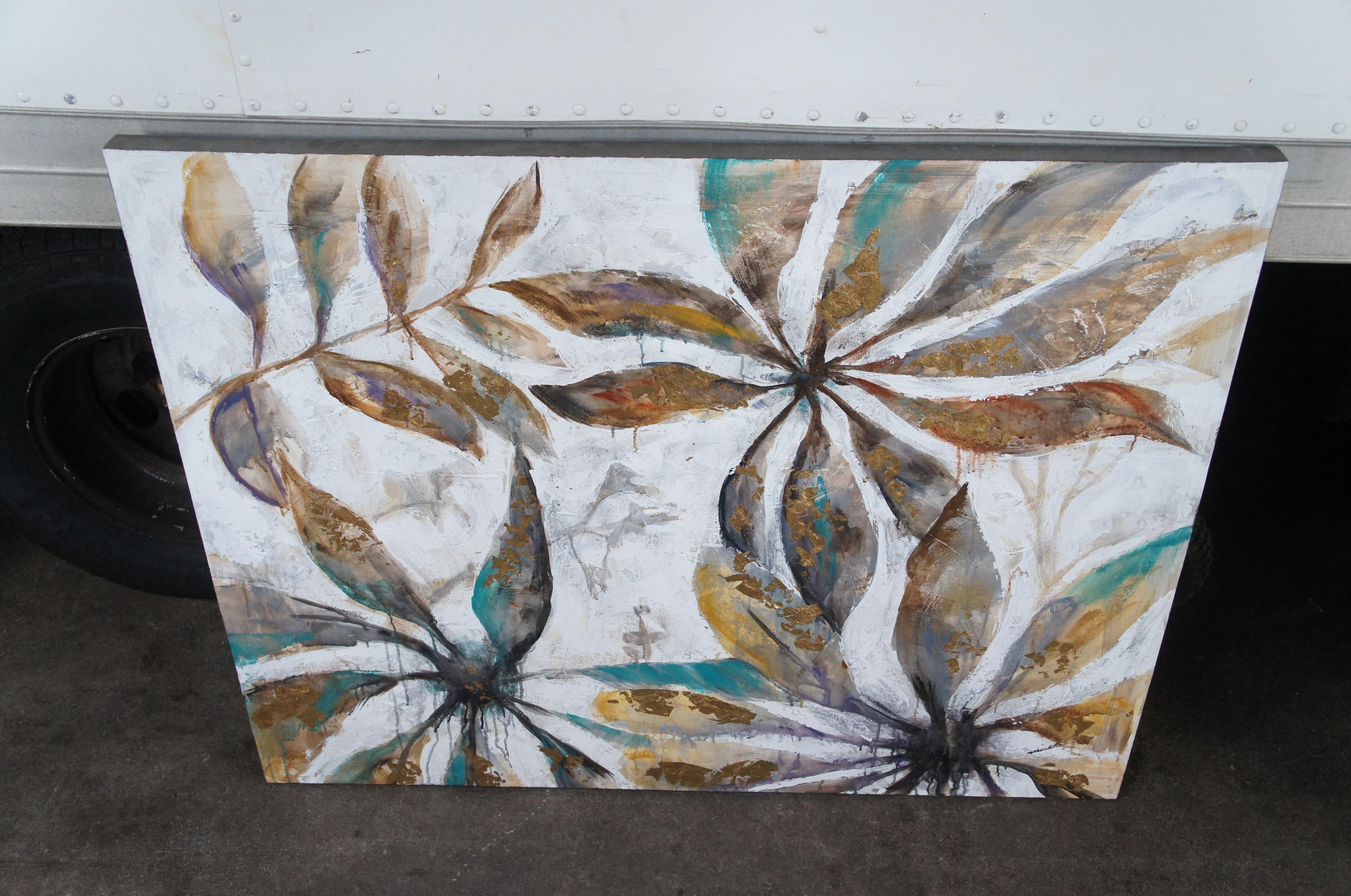 Original Mixed Media Gold Foil Botanical Floral Oil Painting on Canvas In Good Condition For Sale In Dayton, OH